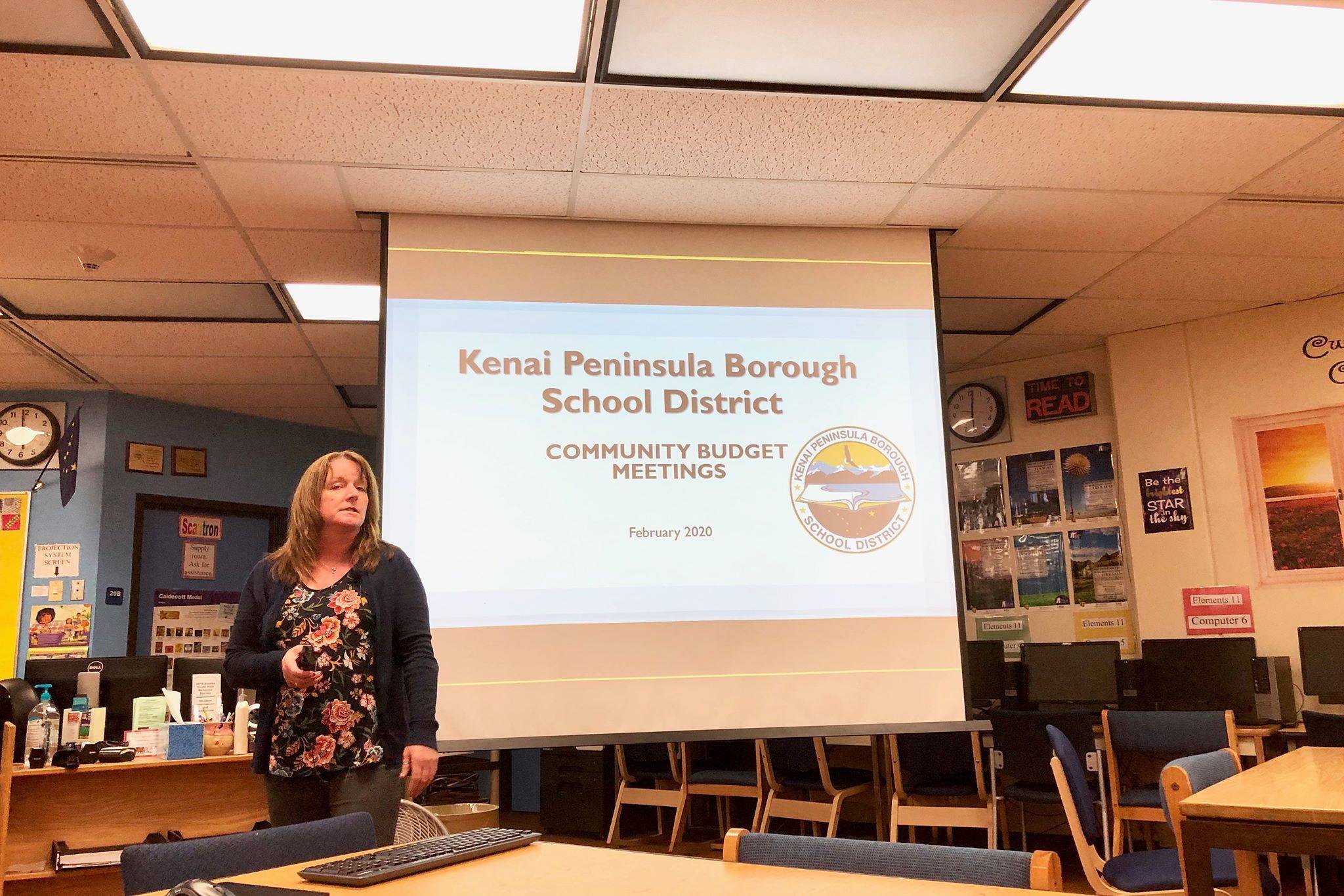 Kenai Peninsula Borough School District Finance Director Elizabeth Hayes gives a community budget presentation to a group of community members at Soldotna High School on Feb. 20, 2020, in Soldotna, Alaska. (Photo by Victoria Petersen/Peninsula Clarion)