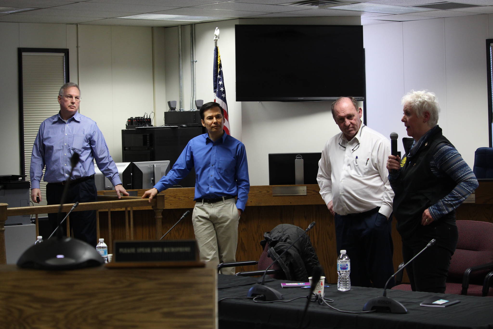 From left, Rep. Bryce Edgmon, I-Dillingham, Rep. Neal Foster (D-Nome), Rep. Gary Knopp (R-Kenai), and Rep. Louise Stutes (R-Kodiak), discuss the state’s budget with residents of the Kenai Peninsula at the Kenai Peninsula Borough Assembly Chambers in Soldotna, Alaska on Saturday, Feb. 22, 2020. (Photo by Brian Mazurek/Peninsula Clarion)                                From left, Rep. Bryce Edgmon (I-Dillingham), Rep. Neal Foster (D-Nome), Rep. Gary Knopp (R-Soldotna) and Rep. Louise Stutes (R-Kodiak) discuss the state’s budget with residents of the Kenai Peninsula at the Kenai Peninsula Borough Assembly Chambers in Soldotna, Alaska on Saturdya, Feb. 22, 2020. (Photo by Brian Mazurek/Peninsula Clarion)