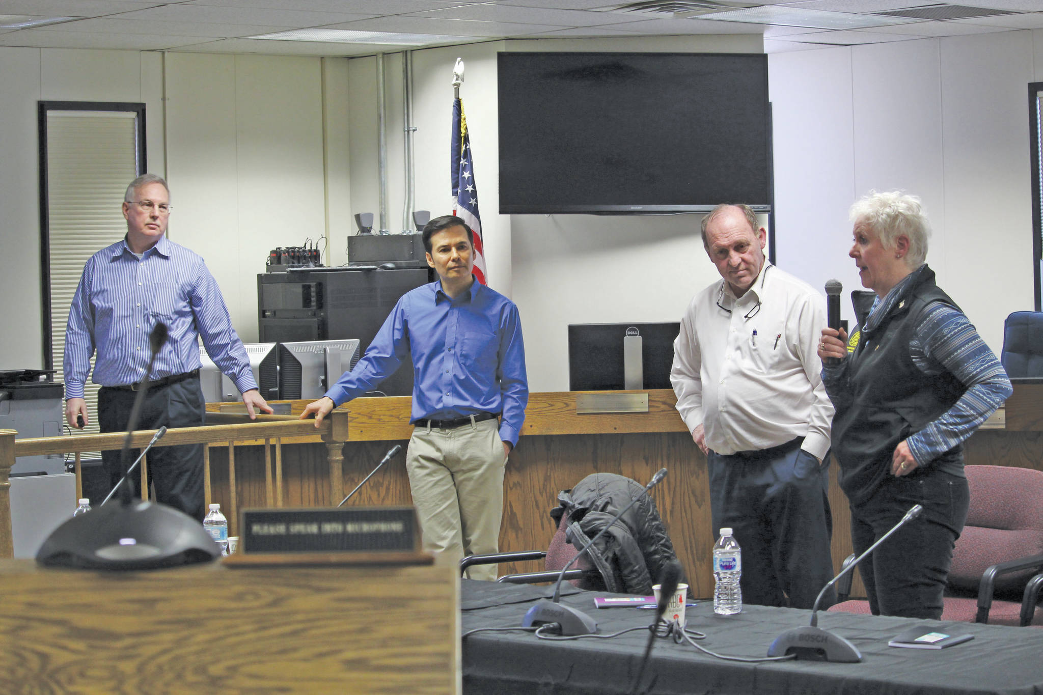 Photo by Brian Mazurek/Peninsula Clarion                                From left, Rep. Bryce Edgmon (I-Dillingham), Rep. Neal Foster (D-Nome), Rep. Gary Knopp (R-Kenai), and Rep. Louise Stutes (R-Kodiak), discuss the state’s budget with residents of the Kenai Peninsula at the Kenai Peninsula Borough Assembly Chambers in Soldotna on Saturday.