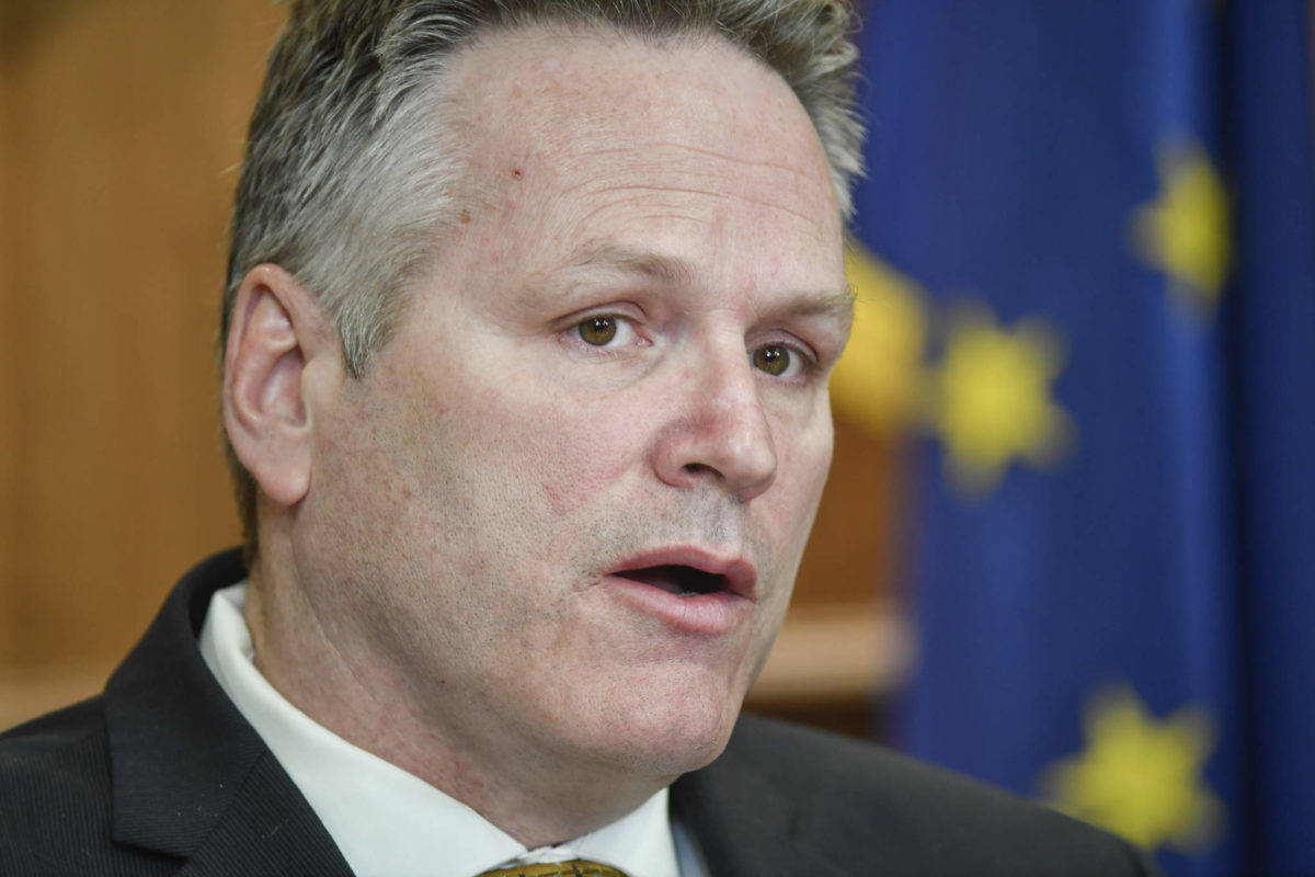 Gov. Mike Dunleavy holds a press conference at the Capitol on Tuesday, April 9, 2019. (Michael Penn | Juneau Empire File)