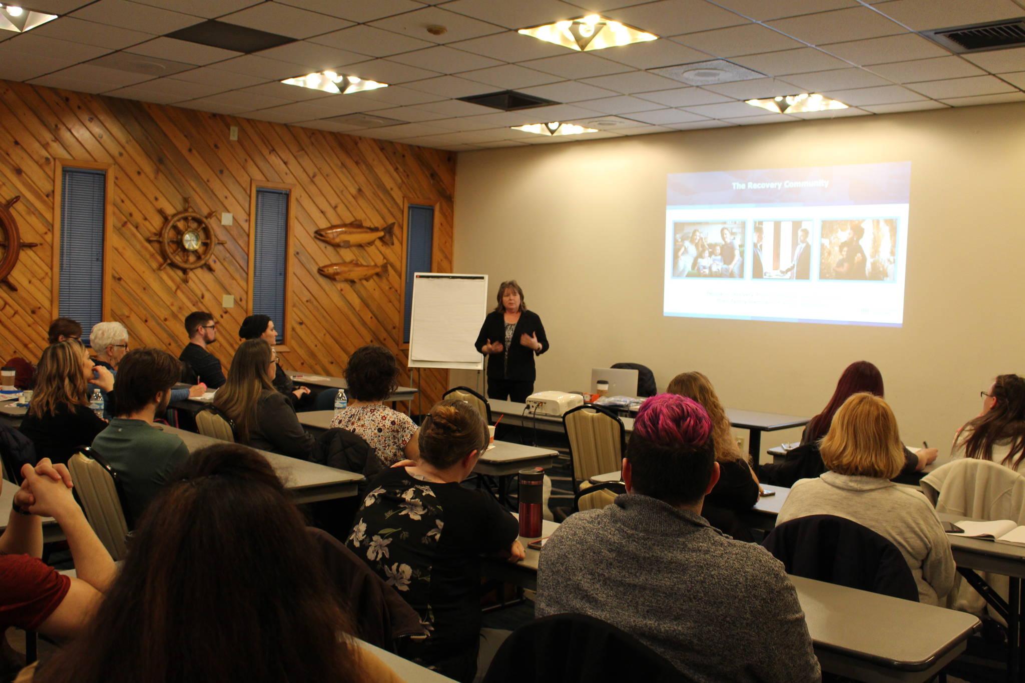 Patty McCarthy, CEO of Faces and Voices of Recovery, gives a presentation on recovery-ready communities at the Quality Inn in Kenai, Alaska on Feb. 18, 2020. (Photo by Brian Mazurek/Peninsula Clarion)                                Patty McCarthy, CEO of Faces and Voices of Recovery, gives a presentation on recovery-ready communities at the Quality Inn in Kenai on Feb. 18. (Photo by Brian Mazurek/Peninsula Clarion)