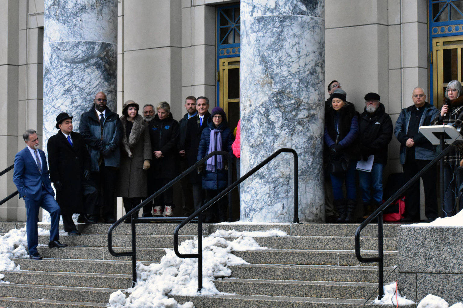 A group of mostly Republican lawmakers gather on the steps of the Capitol for an anti-abortion rally Wednesday, Jan. 22, 2020. (Peter Segall | Juneau Empire)