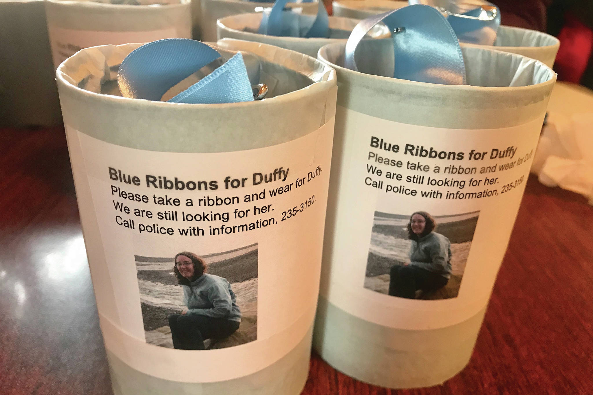 Photo courtesy of Christina Whiting                                Tins with blue ribbons were placed on Feb. 26, 2020, around Homer, Alaska, for people to wear as part of an awareness campaign for a missing Homer woman, Anesha “Duffy” Murnane, missing since Oct. 17, 2019.