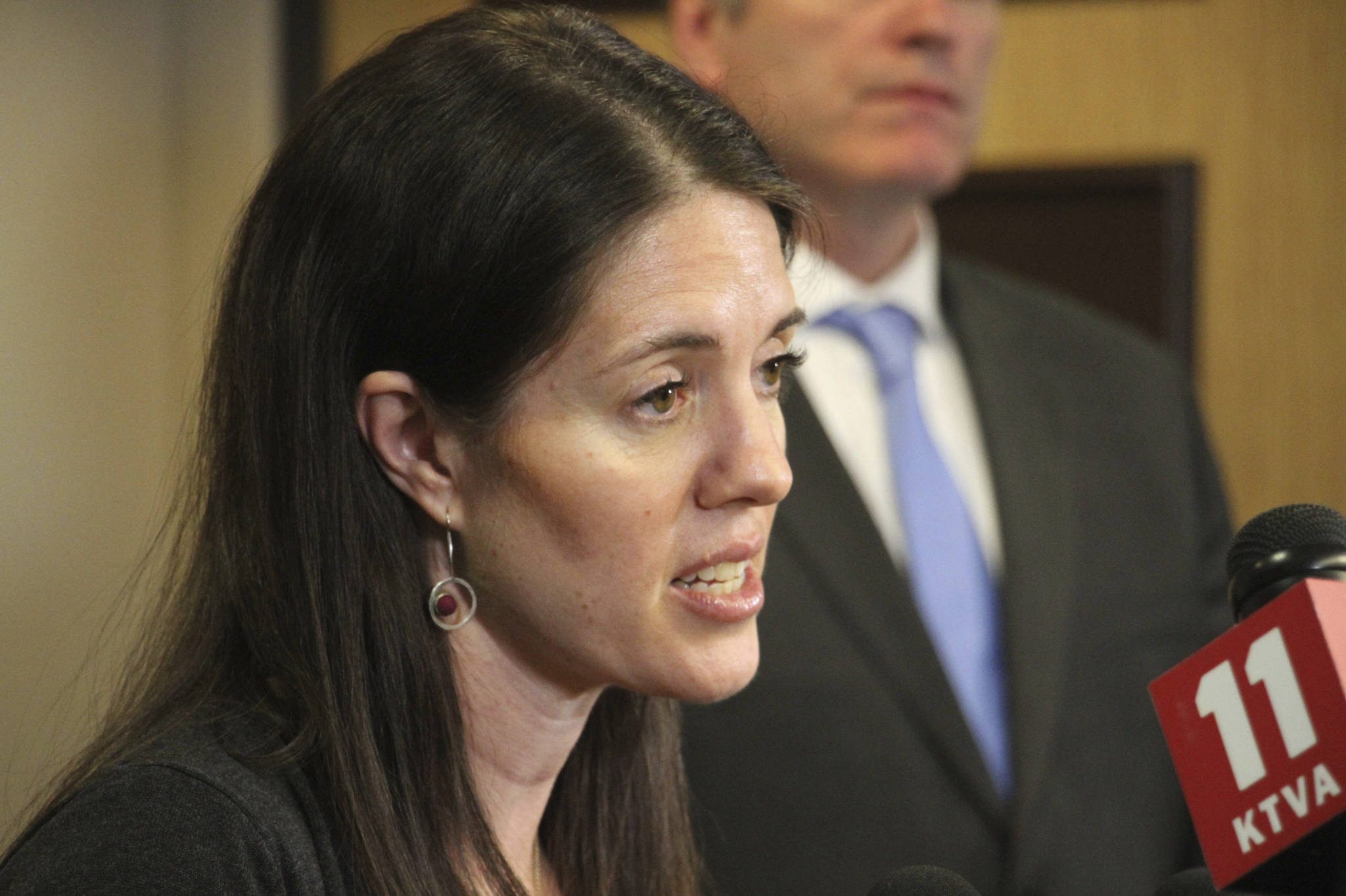 Alaska Chief Medical Officer Dr. Anne Zink addresses the state’s coronavirus preparedness at a news conference in Anchorage, Alaska Monday, March 2, 2020. Health officials said there are no known cases of the virus in Alaska but they are prepared in case an outbreak occurs in the nation’s largest state. (AP Photo/Mark Thiessen)