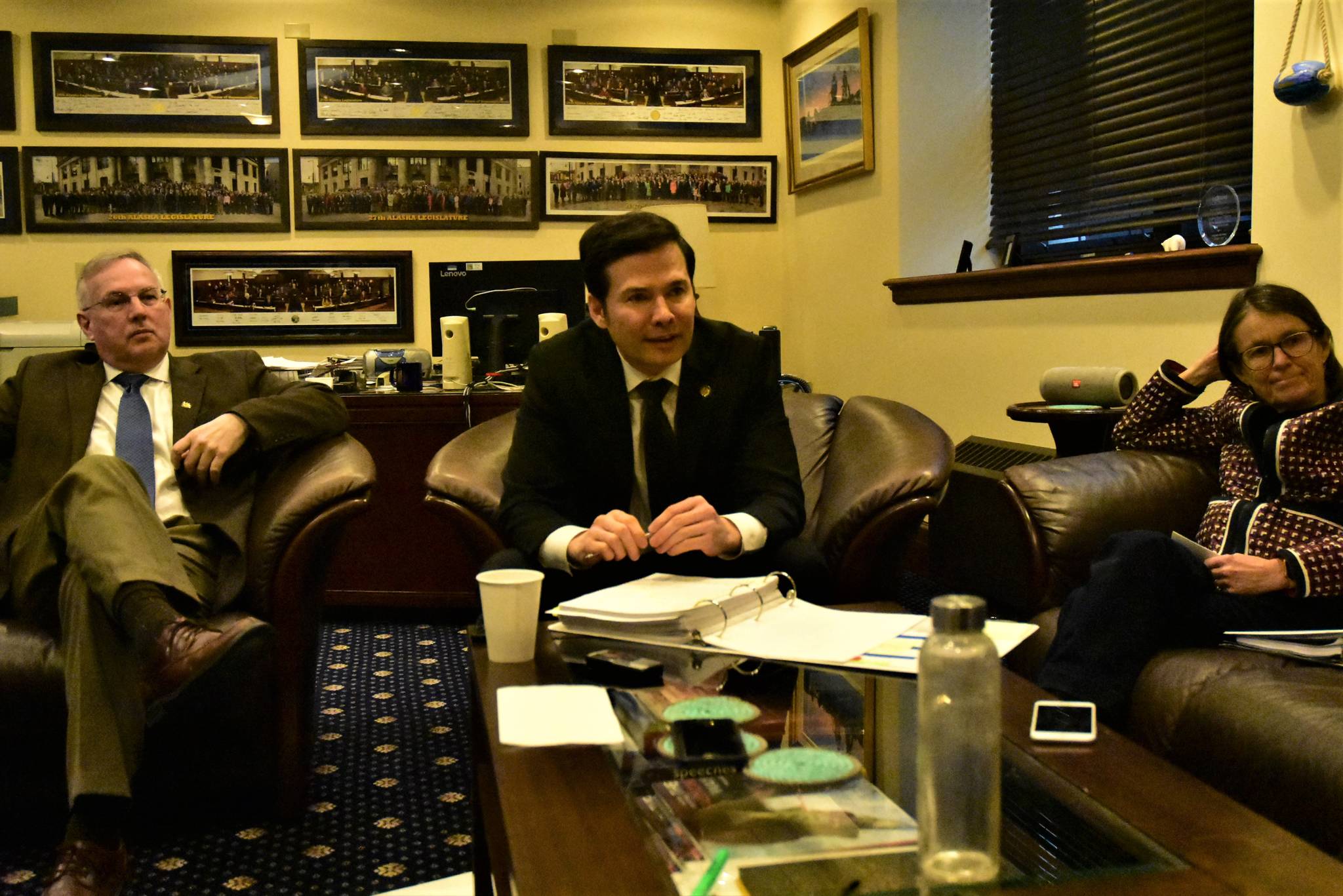 House Speaker Bryce Edgmon, I-Dillingham; and House Finance Committee Co-Chairs Rep. Neal Foster, D-Nome; and Rep. Jennifer Johnston, R-Anchorage; meet with reporters following a vote of the budget on Tuesday, Mar. 3, 2020. (Peter Segall | Juneau Empire)