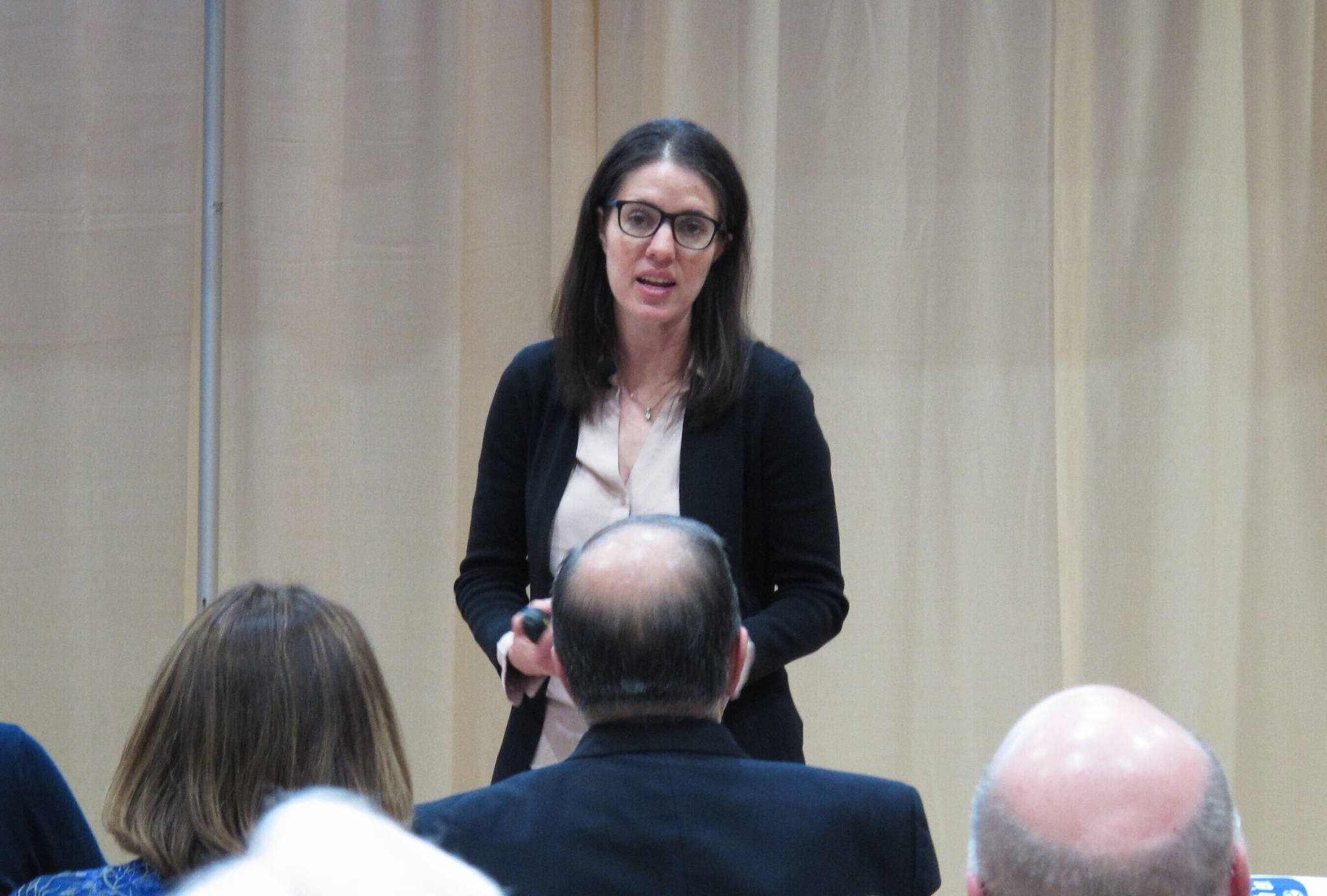 Alaska’s chief medical officer, Dr. Anne Zink, speaks to legislators during a briefing on the state’s preparations for the new coronavirus on Wednesday, March 4, 2020, in Juneau, Alaska. Alaska health Commissioner Adam Crum and Zink, briefed state legislators Wednesday on preparations. Zink urged calm and kindness and encouraged people to get flu shots, to help keep the state’s limited capacity health care system from being overwhelmed. (AP Photo/Becky Bohrer)