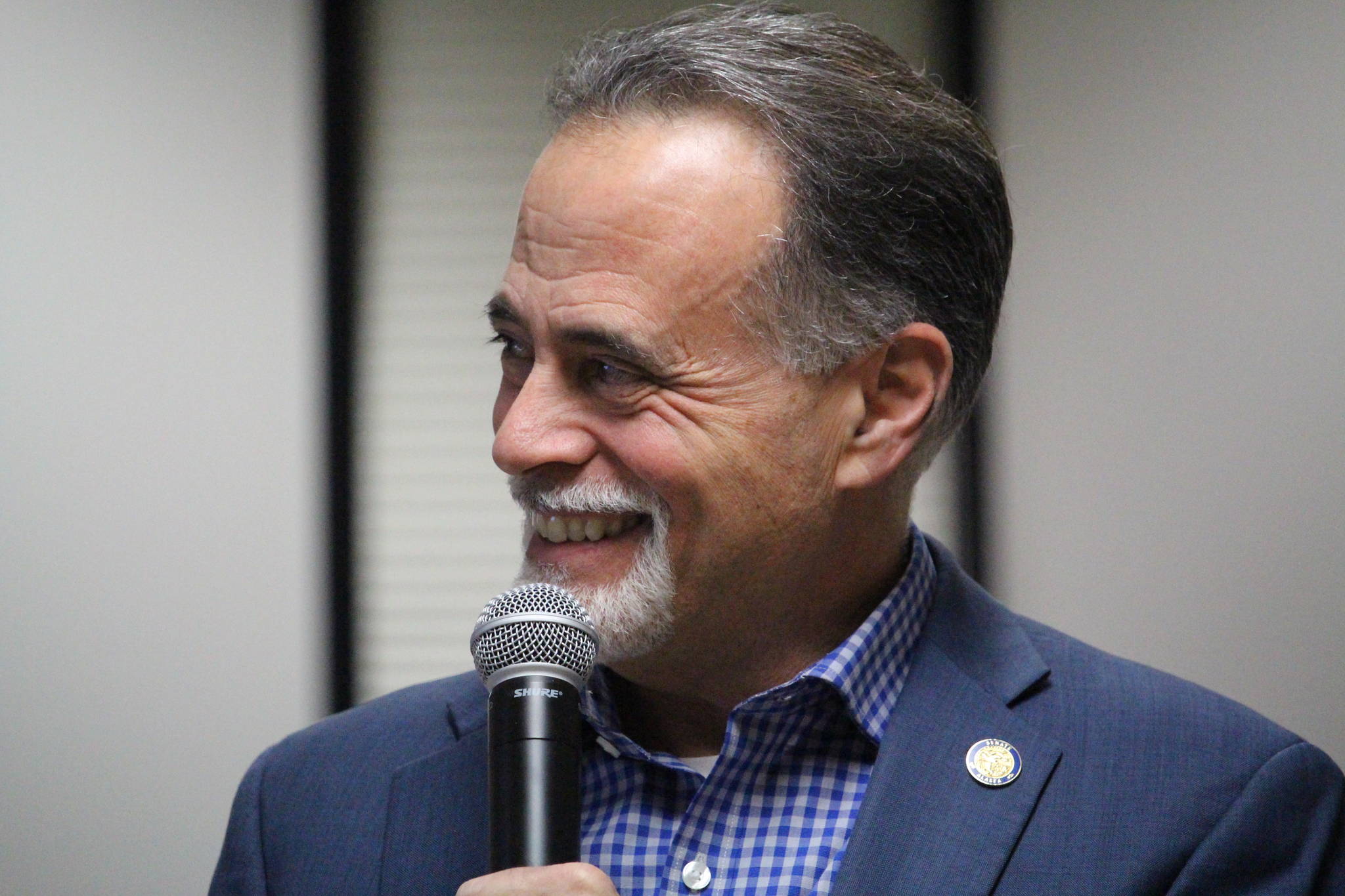 Sen. Peter Micciche, R-Soldotna, speaks to constituents during a town hall at the Betty J. Glick Assembly Chambers in Soldotna, Alaska on Jan. 16, 2020. (Photo by Brian Mazurek/Peninsula Clarion)