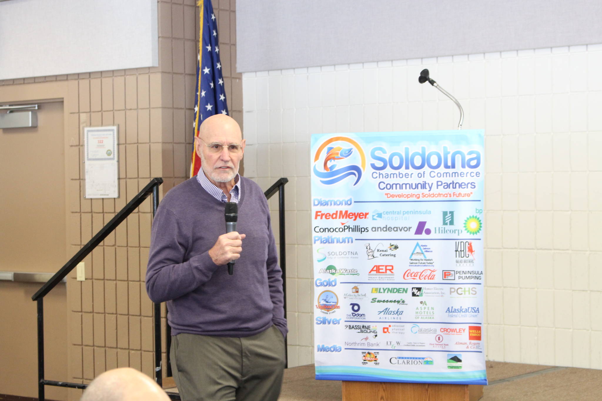 Mark Hamilton, vice president of external affairs for the Pebble Limited Partnership, speaks to members of the Kenai and Soldotna Chambers of Commerce at the Soldotna Regional Sports Complex in Soldotna, Alaska on March 11, 2020. (Photo by Brian Mazurek/Peninsula Clarion)