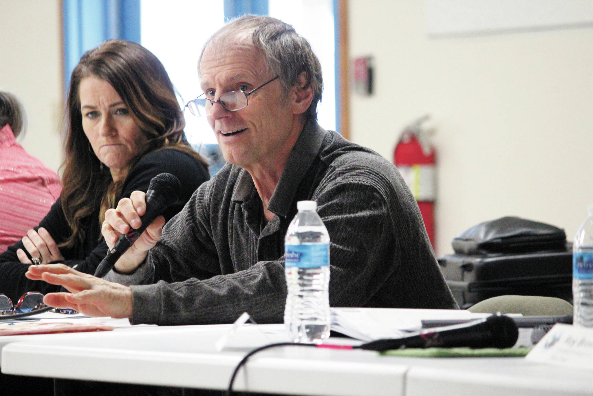 Kenai Peninsula Borough Assembly member Brent Johnson address a small crowd of people during a borough public hearing held Monday, March 9, 2020 at the Kenai Peninsula Fairgrounds in Ninilchik, Alaska. The meeting was to gather input from the community about whether its members want an official borough service area for fire and EMS services. (Photo by Megan Pacer/Homer News)