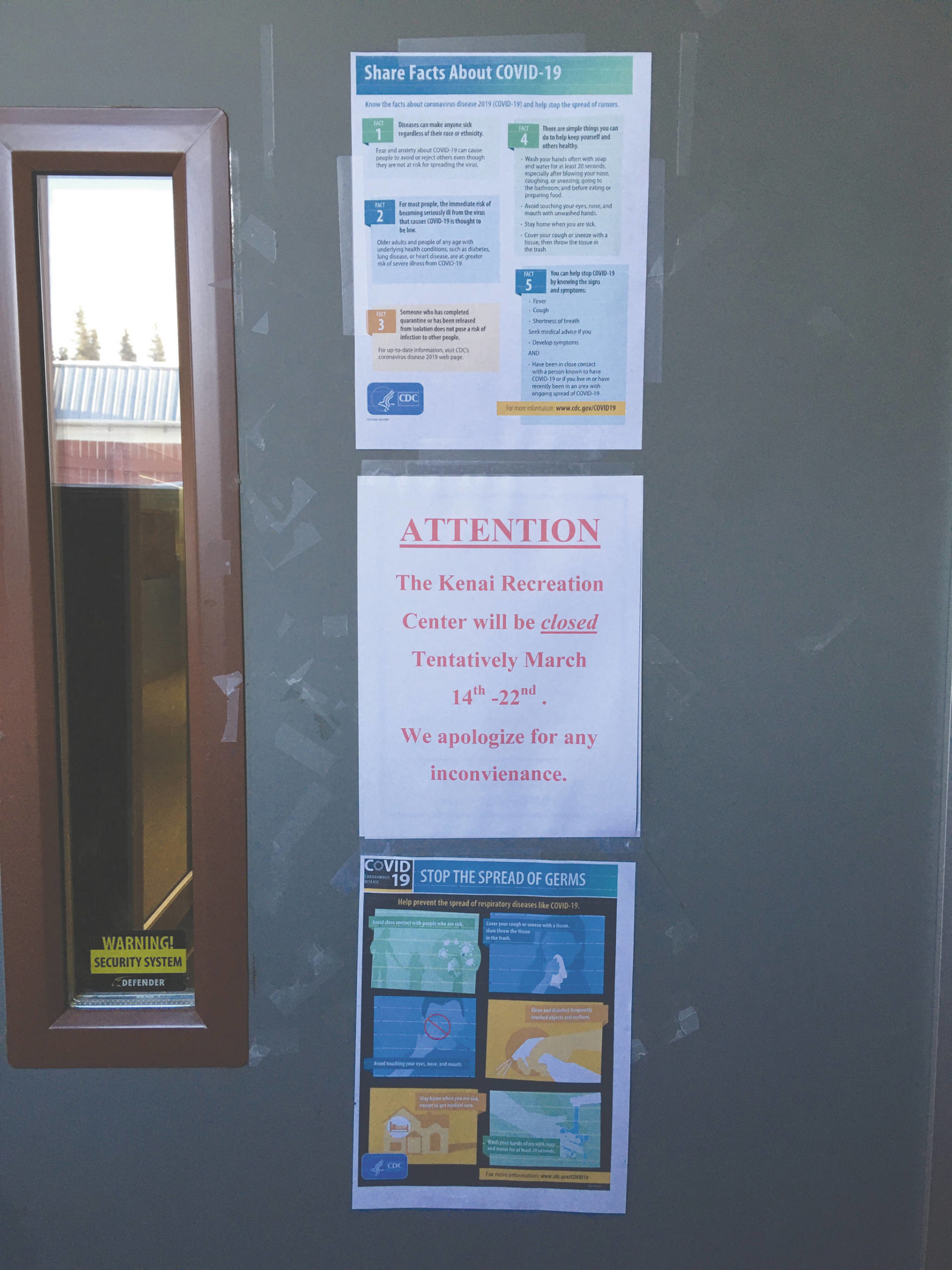 Jeff Helminiak / Peninsula Clarion                                Signs at the Kenai Recreation Center announce the closure of the building. Public buildings are being closed to slow the spread of the new coronavirus.