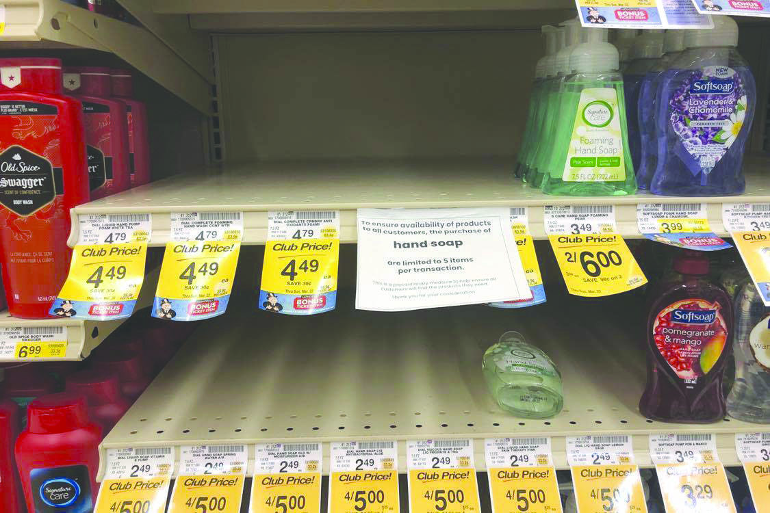 Hand sanitizer was out of stock at Kenai Safeway and at other local stores on the Kenai Peninsula on Friday, March 13, 2020, in Kenai, Alaska. (Photo by Victoria Petersen/Peninsula Clarion)