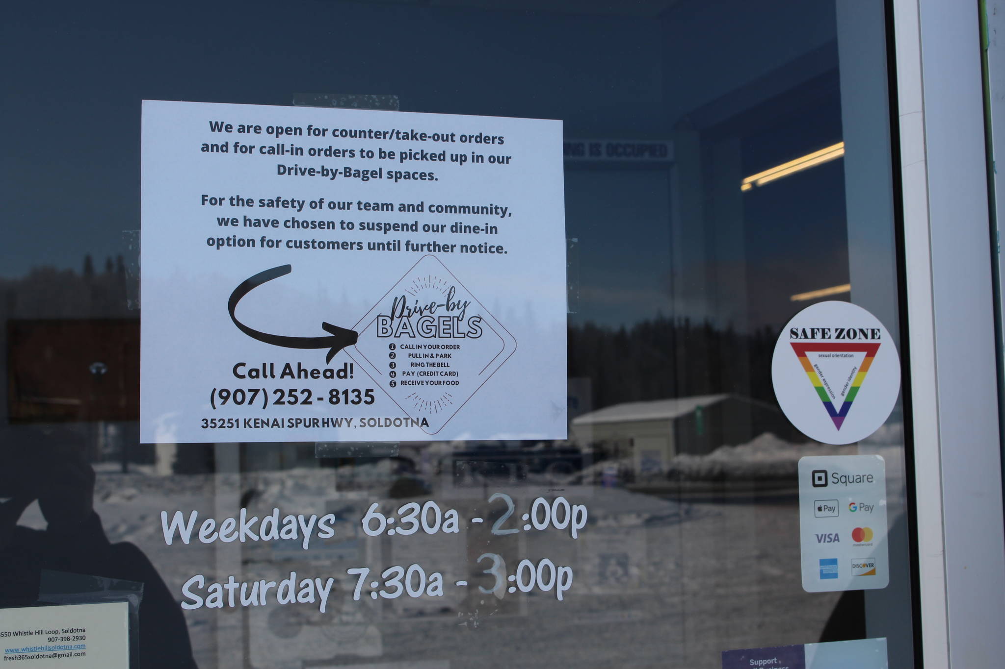 A sign detailing the modified services offered by Everything Bagels can be seen here in Soldotna, Alaska, on March 18, 2020. (Photo by Brian Mazurek/Peninsula Clarion)