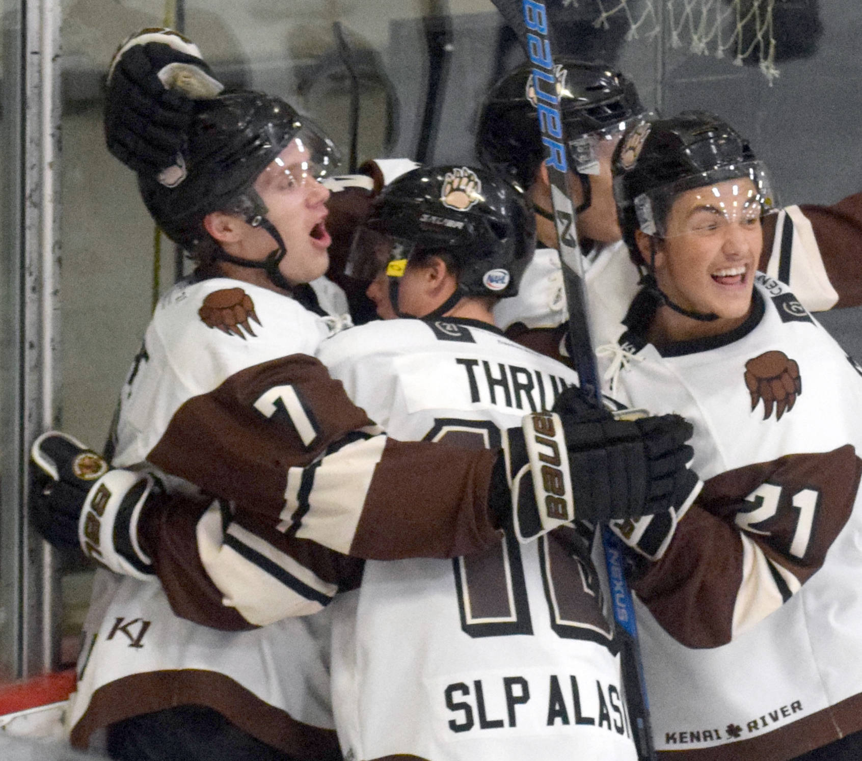 The Kenai River Brown Bears celebrate the first-period goal of Logan Ritchie (far left) on Thursday, Nov. 21, 2019, at the Soldotna Regional Sports Complex in Soldotna, Alaska. (Photo by Jeff Helminiak/Peninsula Clarion)
