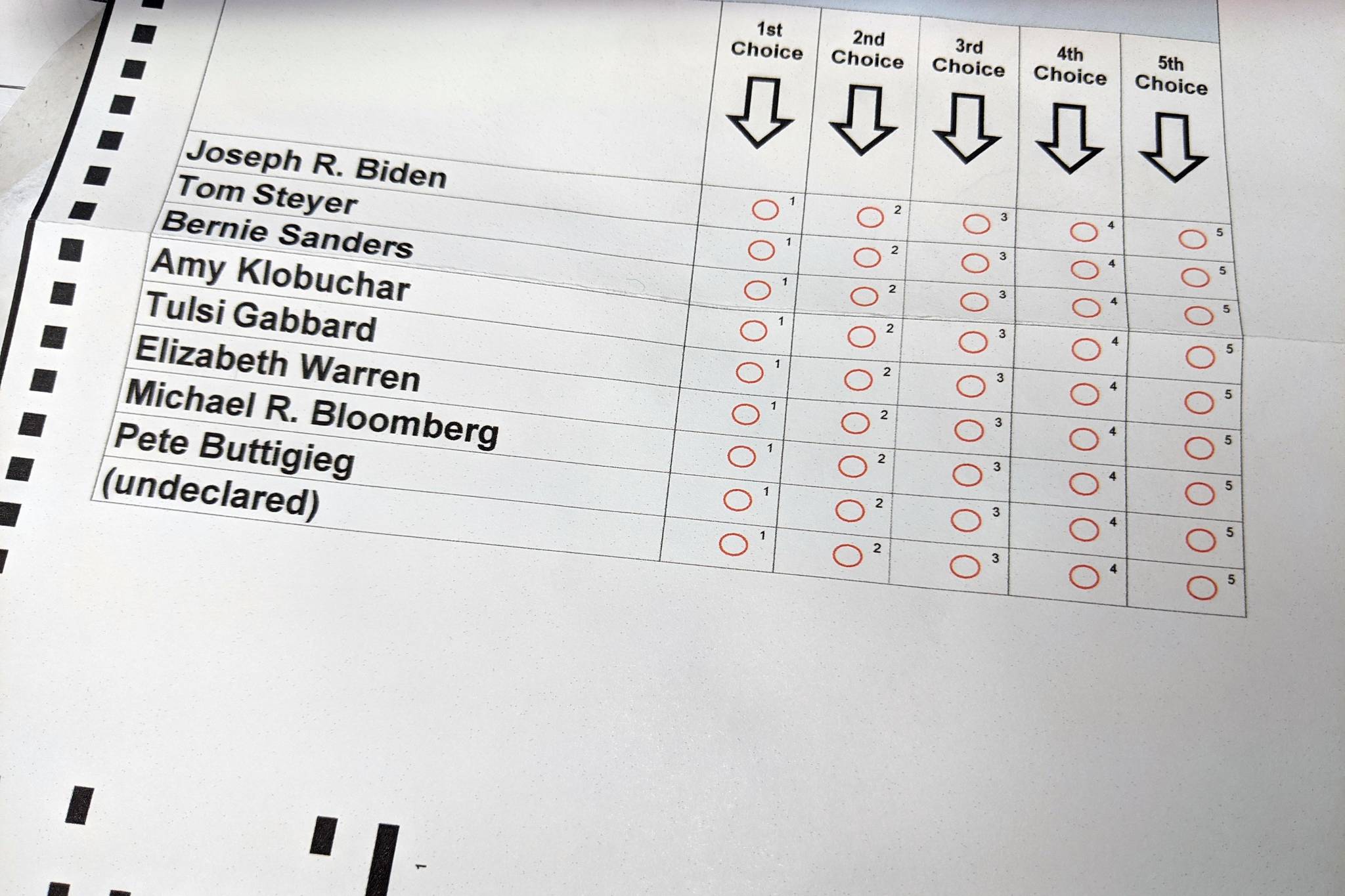 A ballot for the Alaska Democratic Party 2020 Presidential Preference Primary is photographed on March 25, 2020. (Clarion staff)