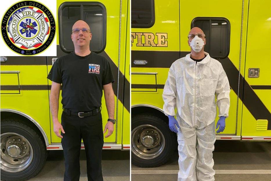 Nikiski Firefighter Jason Tauriainen demonstrates the additional personal protective equipment that first responders are wearing on calls in Nikiski, Alaska in this undated photo. (Courtesy Kenai Peninsula Borough)