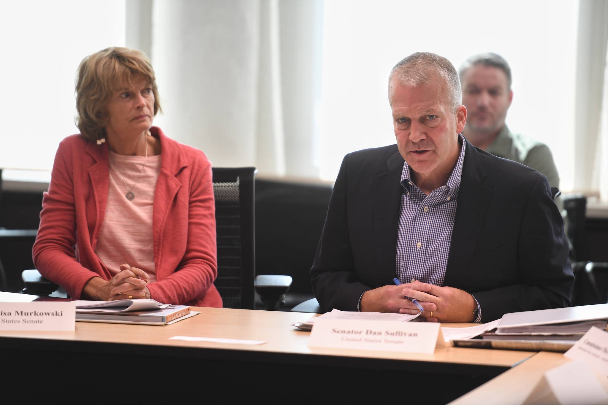 Michael Penn | Juneau Empire file                                Sen. Lisa Murkowski and Sen. Dan Sullivan chair a roundtable meeting on the Alaska-British Columbia Transboundary mining at the Federal Building in Juneau on Aug. 5.