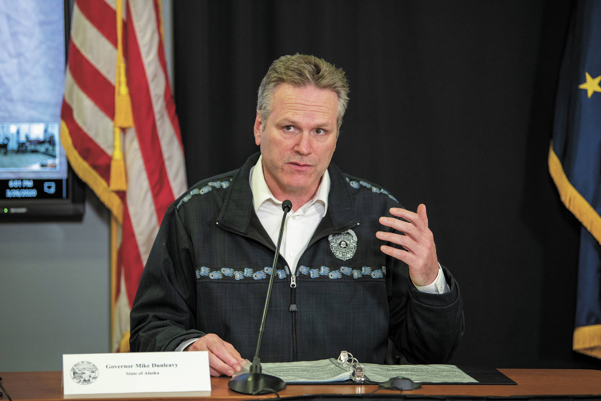 Gov. Mike Dunleavy speaks during a press conference Thursday, March 26, 2020 in the Atwood Building in Anchorage, Alaska. (Photo courtesy Office of the Governor)