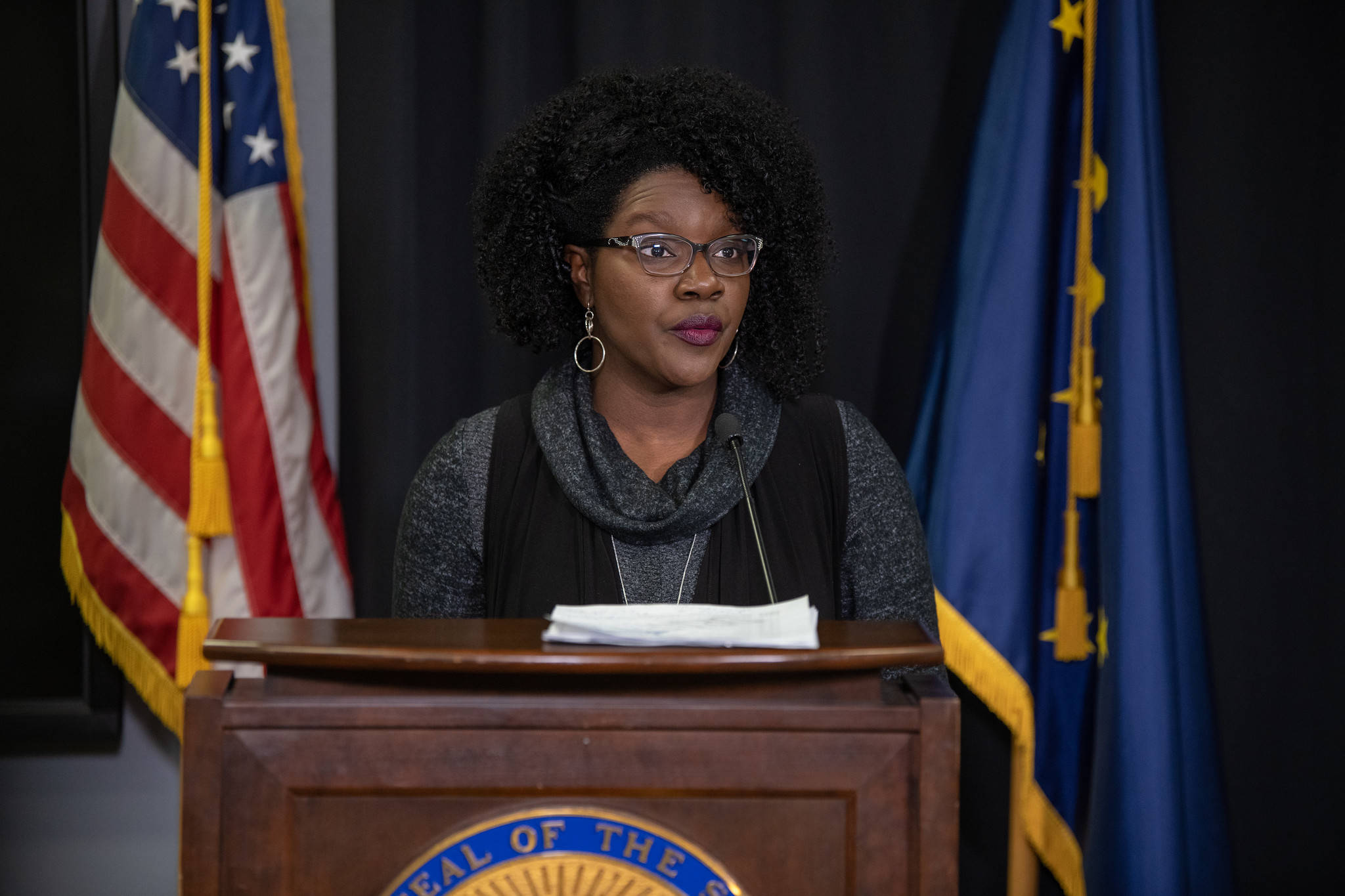 Dr. Tamika Ledbetter, commissioner of the Alaska Department of Labor and Workforce Development, participates in a press conference in Anchorage, Alaska, on March 31, 2020. (Courtesy photo)