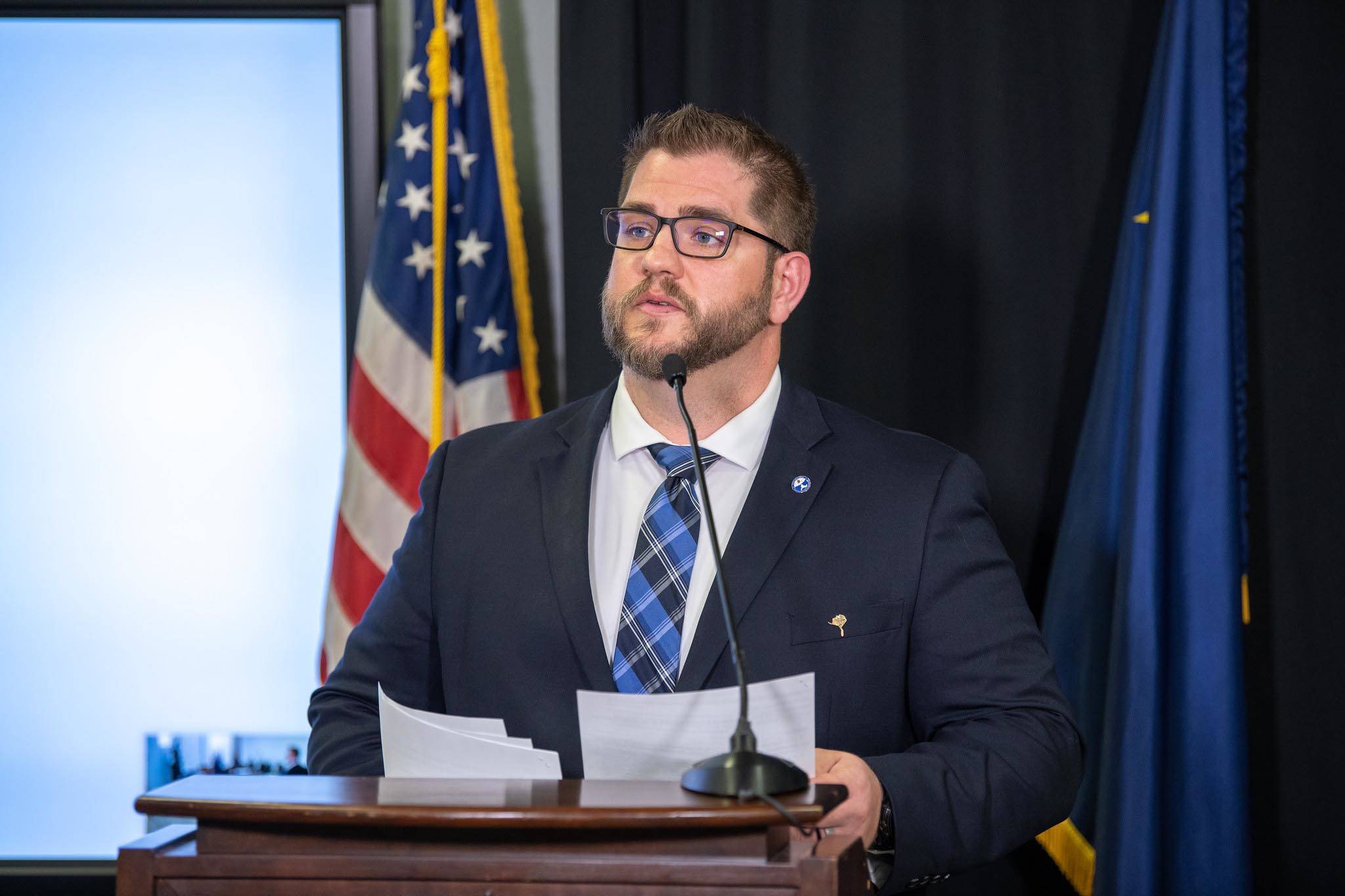 Department of Health and Social Services Commissioner Adam Crum presents at a press conference addressing the extension of two mandates issued by Gov. Mike Dunleavy in response to the spread of COVID-19, on Wednesday, April 1, 2020 in Anchorage, Alaska. (Courtesy photo)
