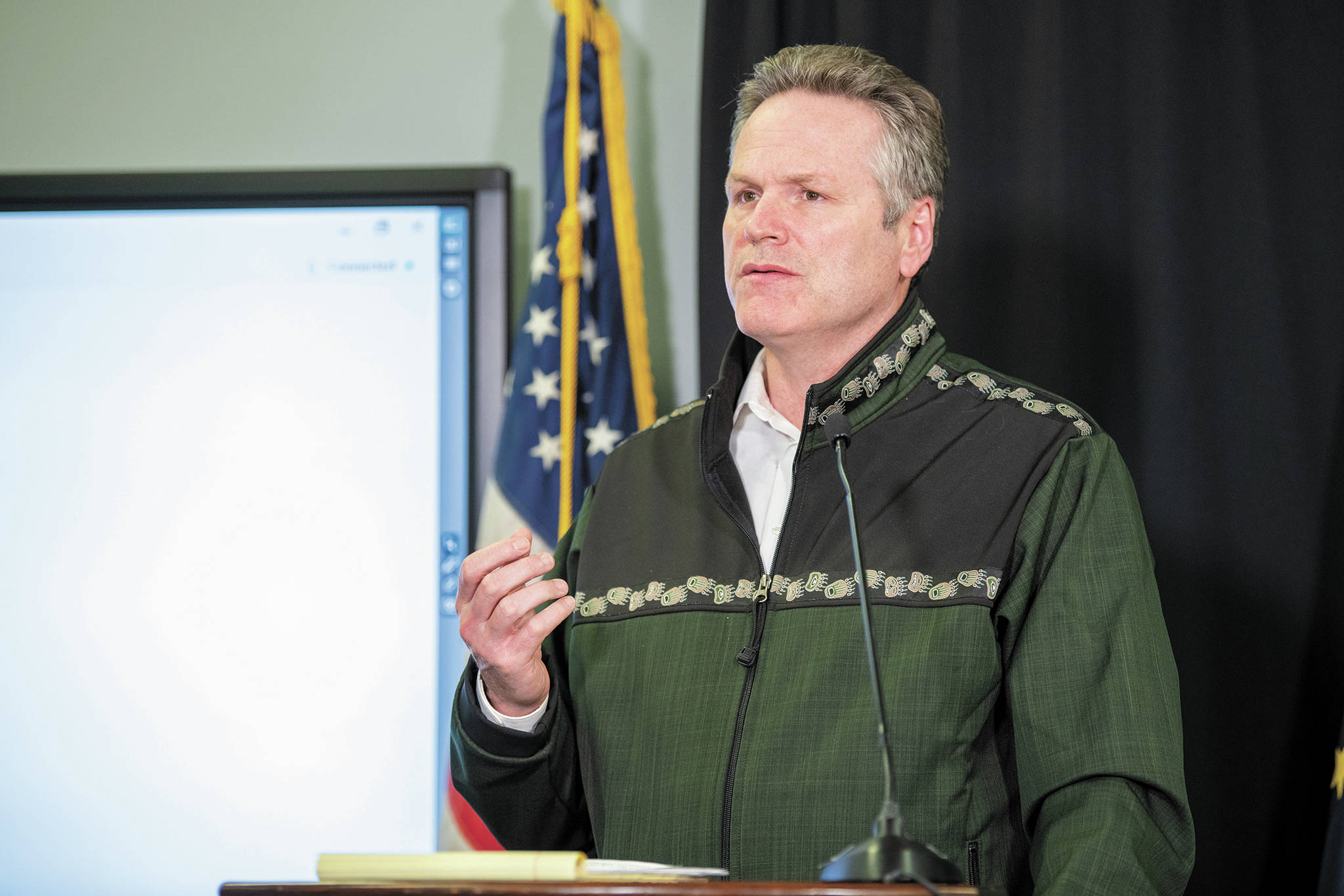 Gov. Mike Dunleavy speaks during a Friday, April 3, 2020 press conference in the Atwood Building in Anchorage, Alaska. (Photo courtesy Office of the Governor)