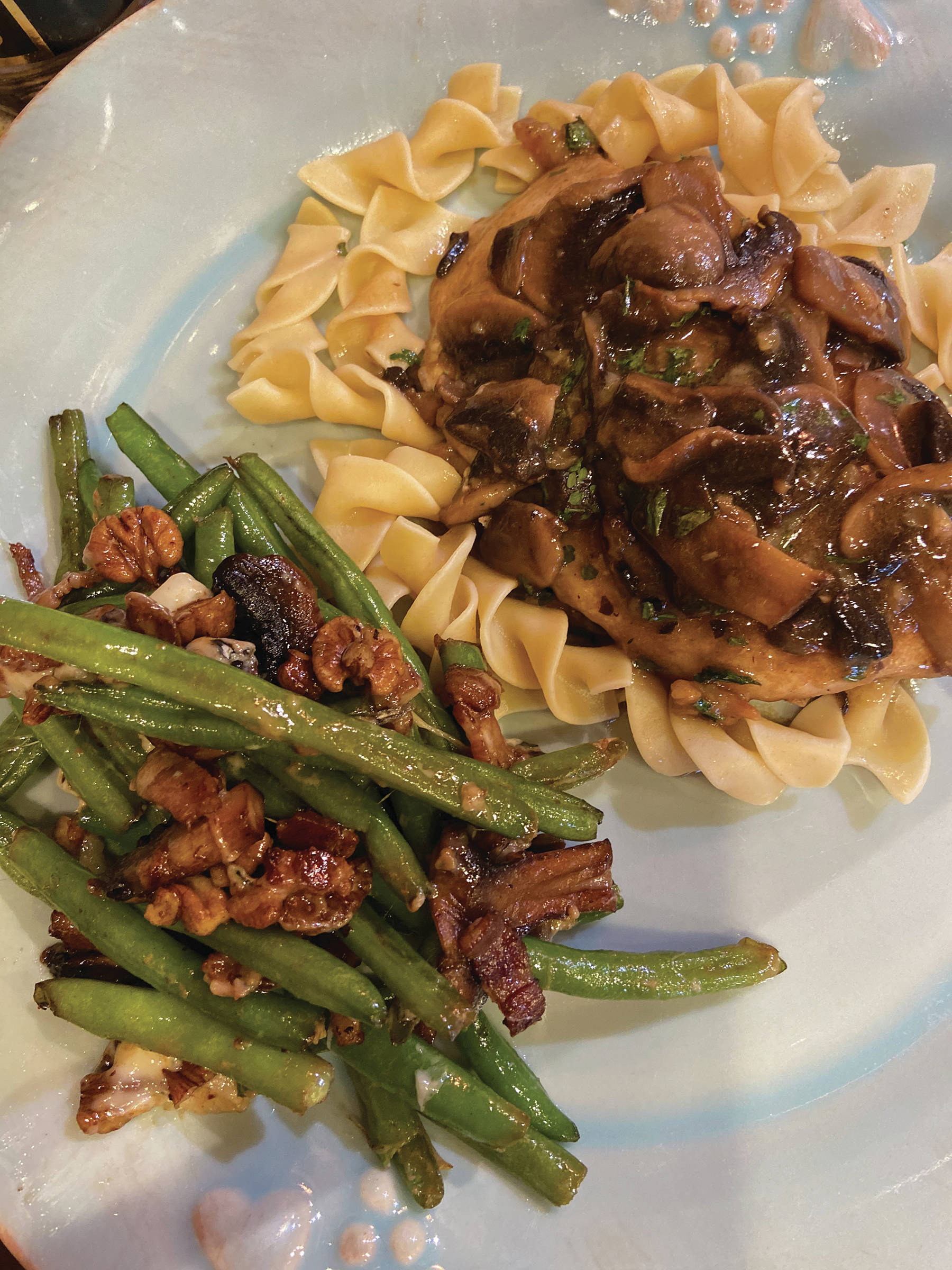 Chicken marsala with green beans and noodles made on April 4, 2020, in Teri Robl’s kitchen in Homer, Alaska. (Photo by Teri Robl)
