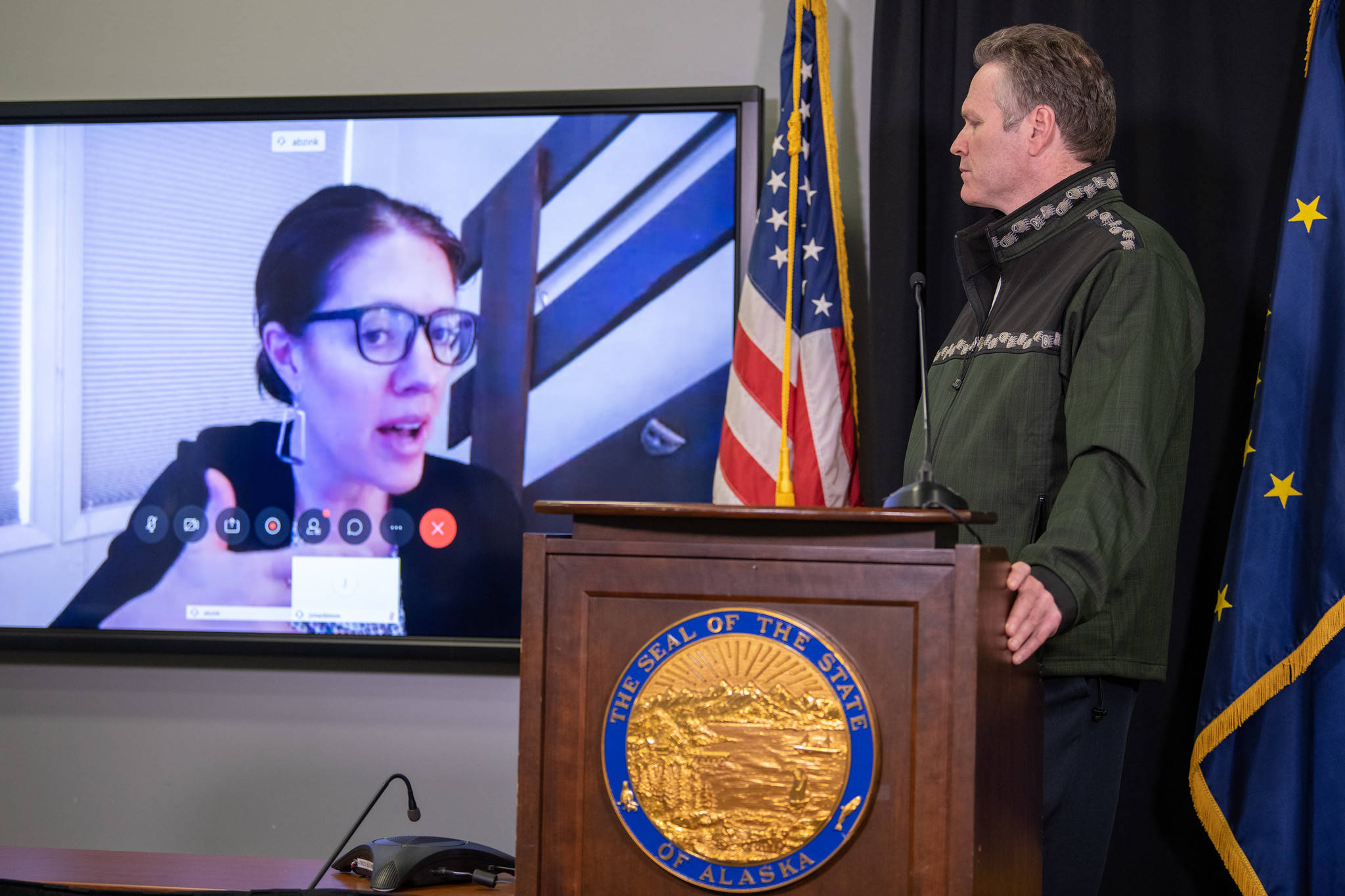 Gov. Mike Dunleavy at a press conference in Anchorage with Chief Medical Officer Dr. Anne Zink on Friday, April 3, 2020. (Courtesy photo | Officer of Gov. Mike Dunleavy)