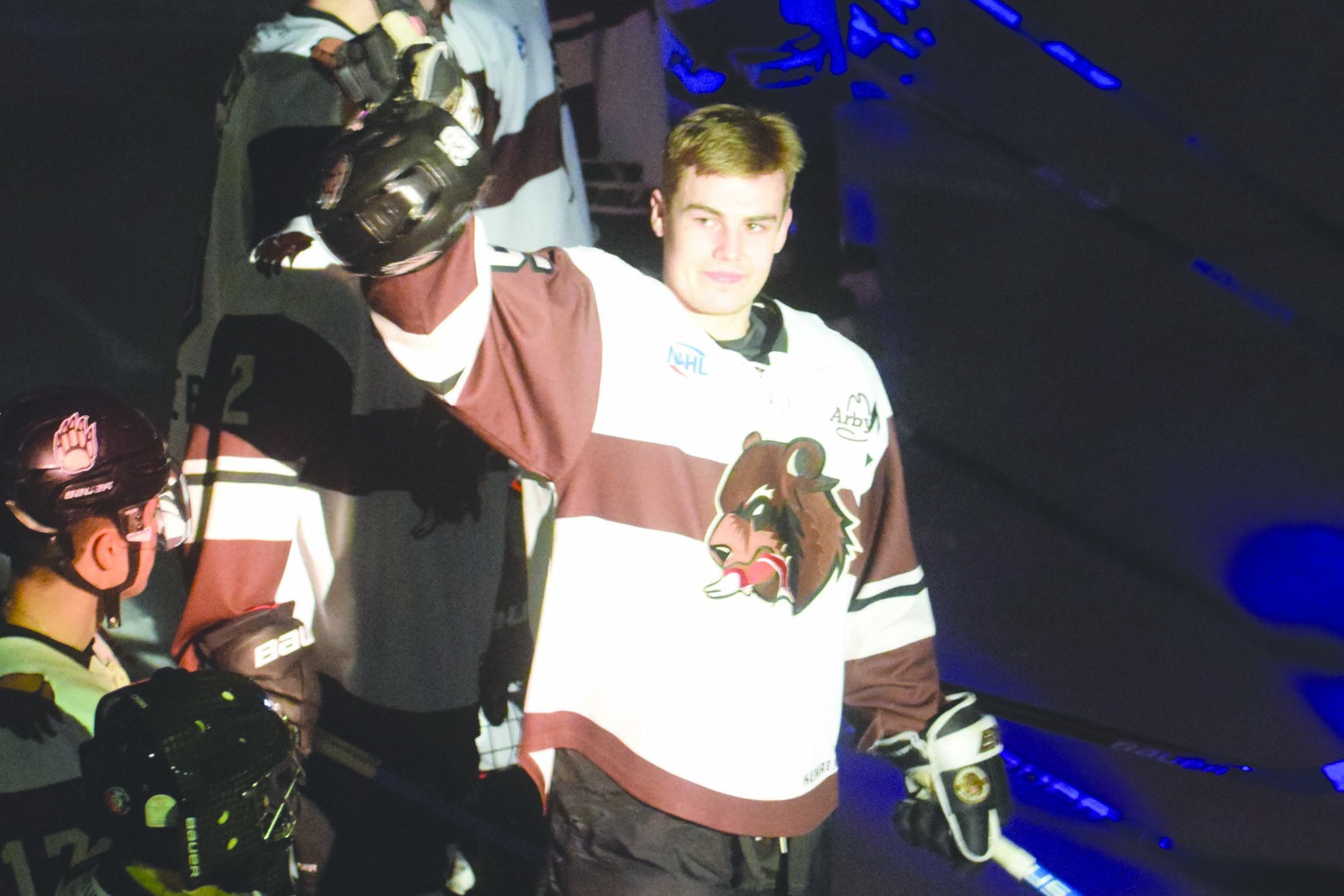 Kenai River Brown Bears’ Preston Weeks, of Soldotna, acknowledges the crowd as he gets set to set the all-time North American Hockey League record for games played Friday, March 6, 2020, at the Soldotna Regional Sports Complex in Soldotna, Alaska. (Photo by Jeff Helminiak/Peninsula Clarion)