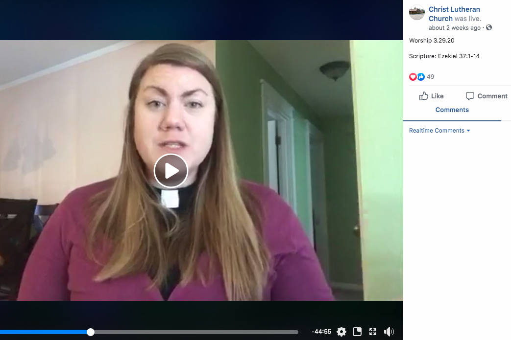 Pastor Meredith Harber of Christ Lutheran Church in Soldotna, Alaska, is seen here giving a sermon on Facebook live on March 29, 2020. (Screenshot by Brian Mazurek/Peninsula Clarion)