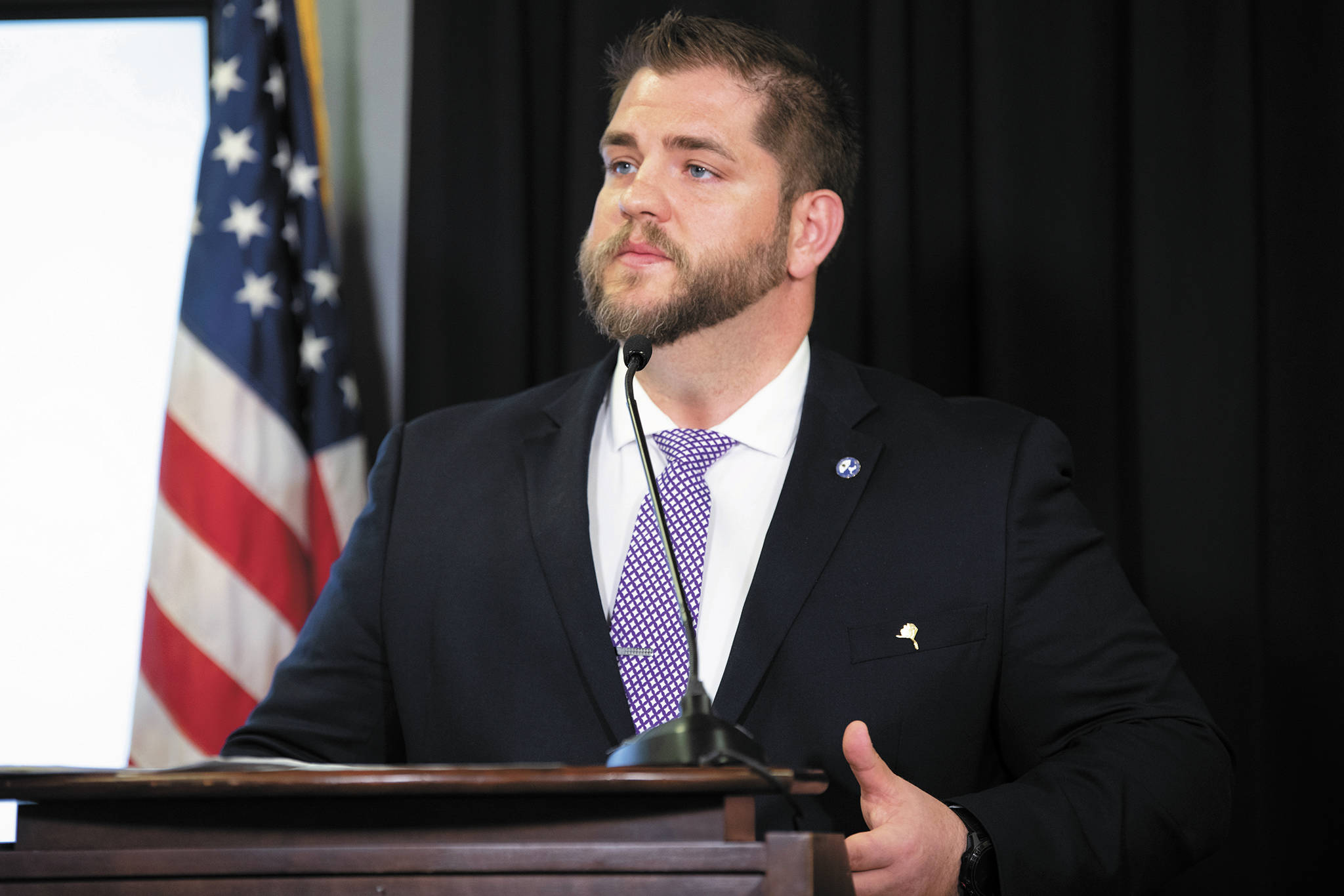 Alaska Department of Health and Social Services Commissioner Adam Crum speaks during a Tuesday, April 7, 2020 press conference in the Atwood Building in Anchorage, Alaska. (Photo courtesy Office of the Governor)