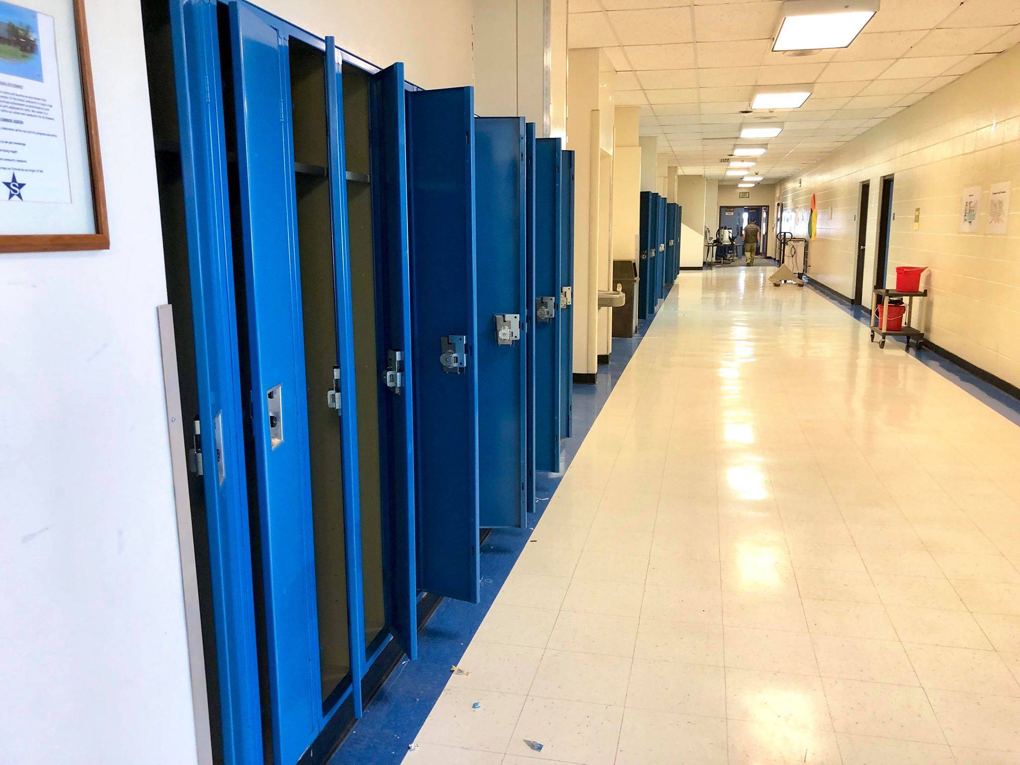 Lockers and hallways stand empty at Soldotna High School on Monday, April 6, 2020. Schools across Alaska are closed to slow the spread of COVID-19, the disease caused by the new coronavirus that has prompted a global pandemic. (Photo by Victoria Petersen/Peninsula Clarion)