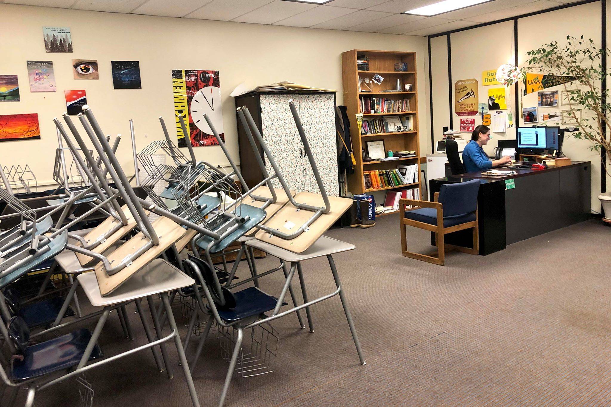 Soldotna High School English teacher Nicole Hewitt teaches her students remotely from her empty classroom at Soldotna High School on Monday, April 6, 2020 in Soldotna, Alaska. (Photo by Victoria Petersen/Peninsula Clarion)