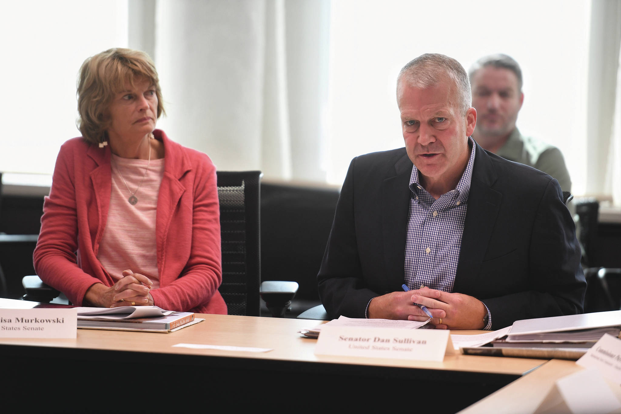 Sen. Lisa Murkowski, and Sen. Dan Sullivan chair a roundtable meeting on the Alaska-British Columbia Transboundary mining at the Federal Building in Juneau on Monday, Aug. 5, 2019. (Michael Penn | Juneau Empire)