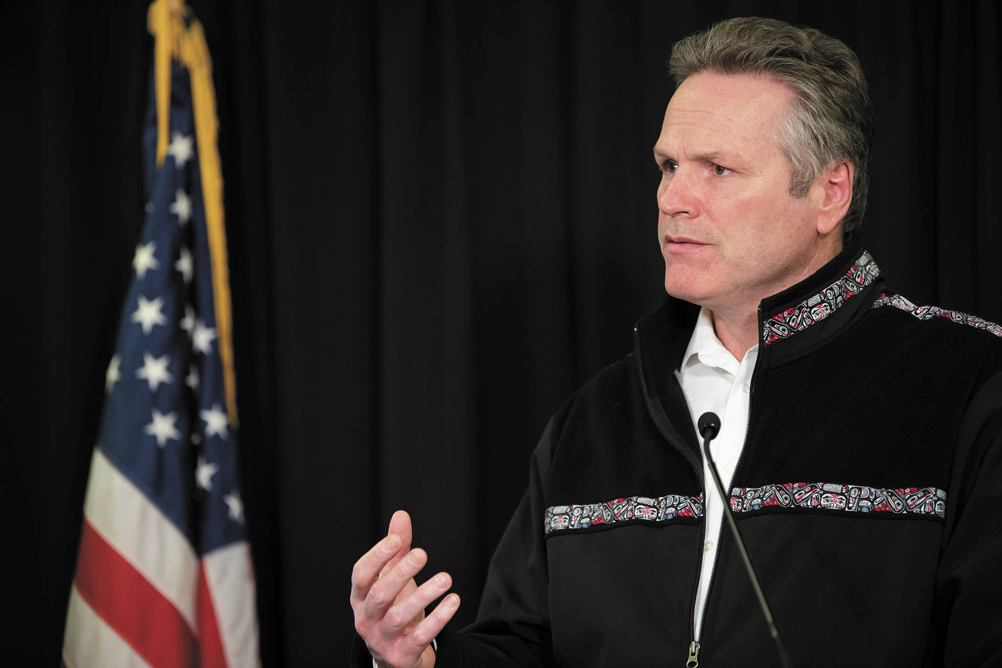 Gov. Mike Dunleavy speaks during a Thursday, April 9, 2020 press conference in the Atwood Building in Anchorage, Alaska. (Photo courtesy Office of the Governor)