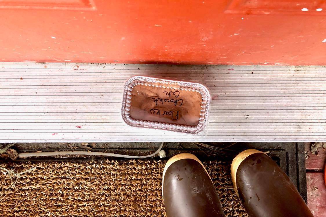 A flourless chocolate cake surprise on the doorstep, Monday, April 13, 2020, in Kalifornsky, Alaska. (Photo by Victoria Petersen/Peninsula Clarion)