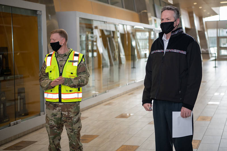 Photo courtesy of Gov. Mike Dunleavy / State of Alaska                                 Gov. Mike Dunleavy touring Anchorage’s alternate care site at the Alaska Airlines Center, Wednesday in Anchorage.