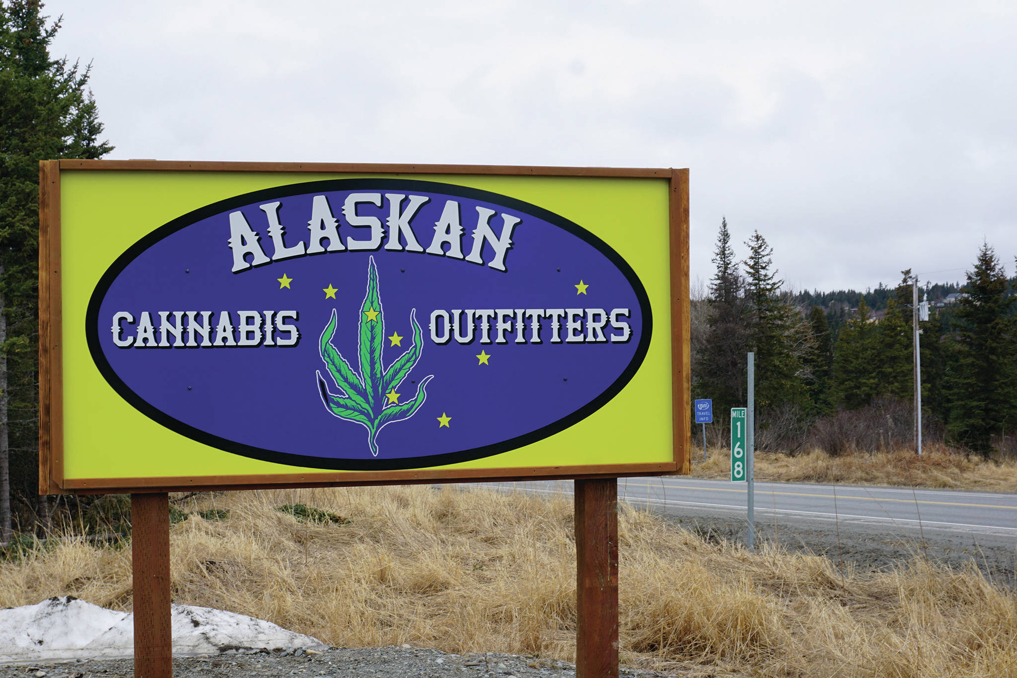 Alaskan Cannabis Outfitters, a new cannabis retail store, is located right at Mile 168 Sterling Highway just before the road turns toward Baycrest Hill. The store opened on 4/20 — April 20, 2020 — in Homer, Alaska. (Photo by Michael Armstrong/Homer News)