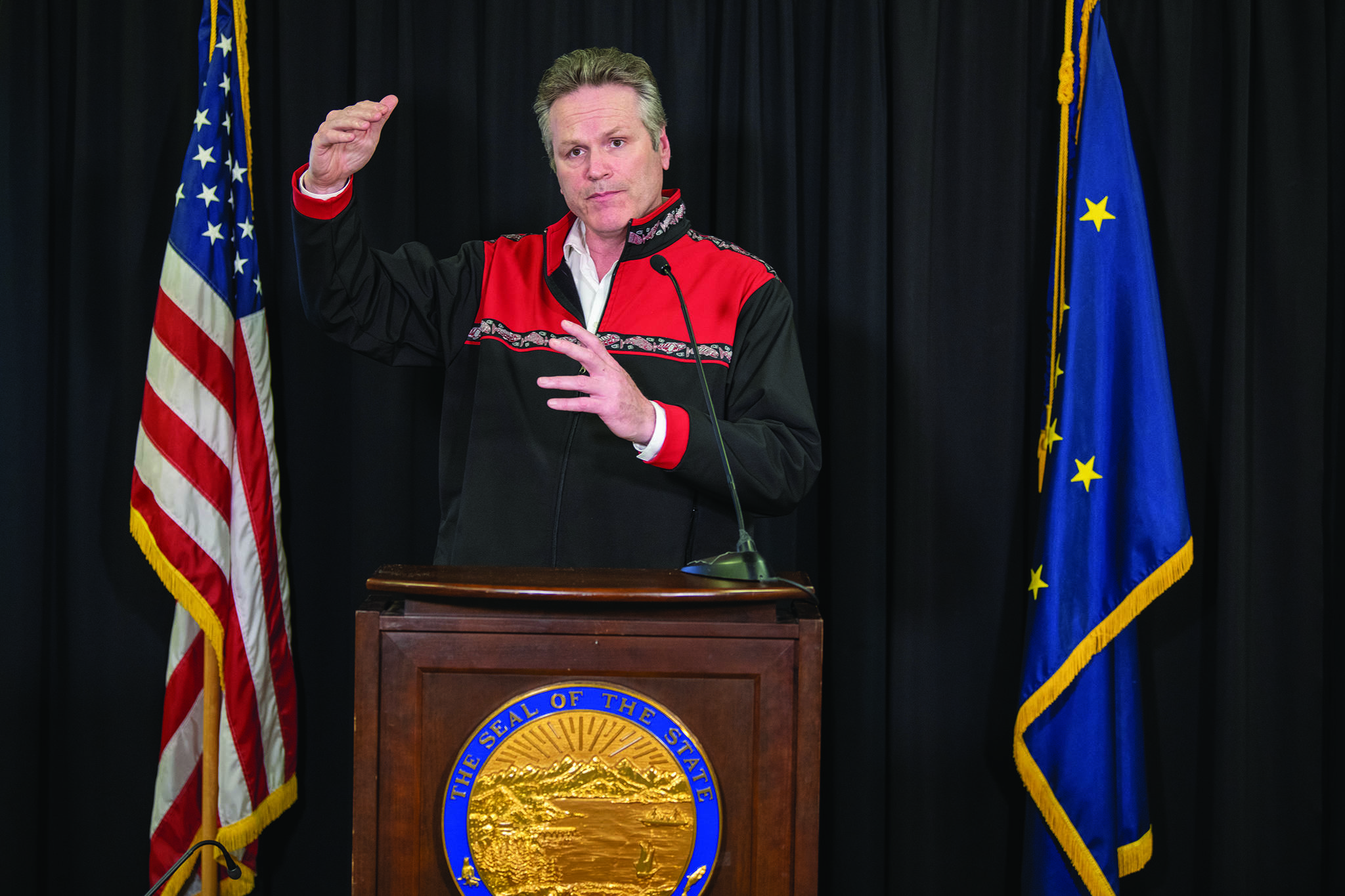 Gov. Mike Dunleavy speaks at a press conference on Monday, April 20, 2020, in Juneau. (Photo by Austin McDaniel/Office of the Governor)