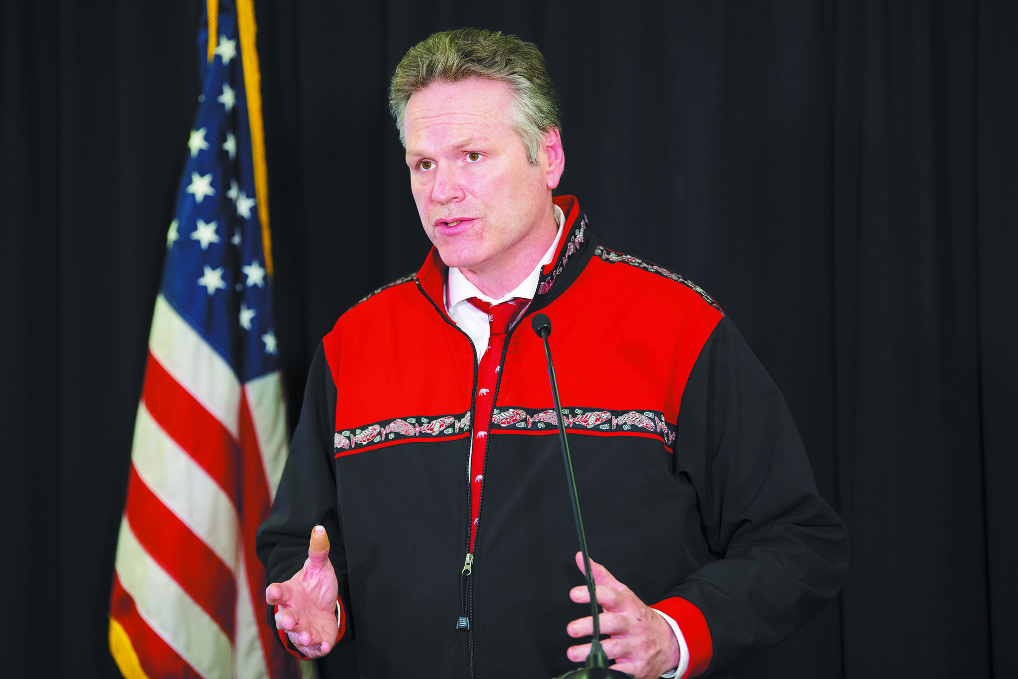 Gov. Mike Dunleavy speaks during a Tuesday, April 14, 2020 press conference in the Atwood Building in Anchorage, Alaska. (Photo courtesy Office of the Governor)