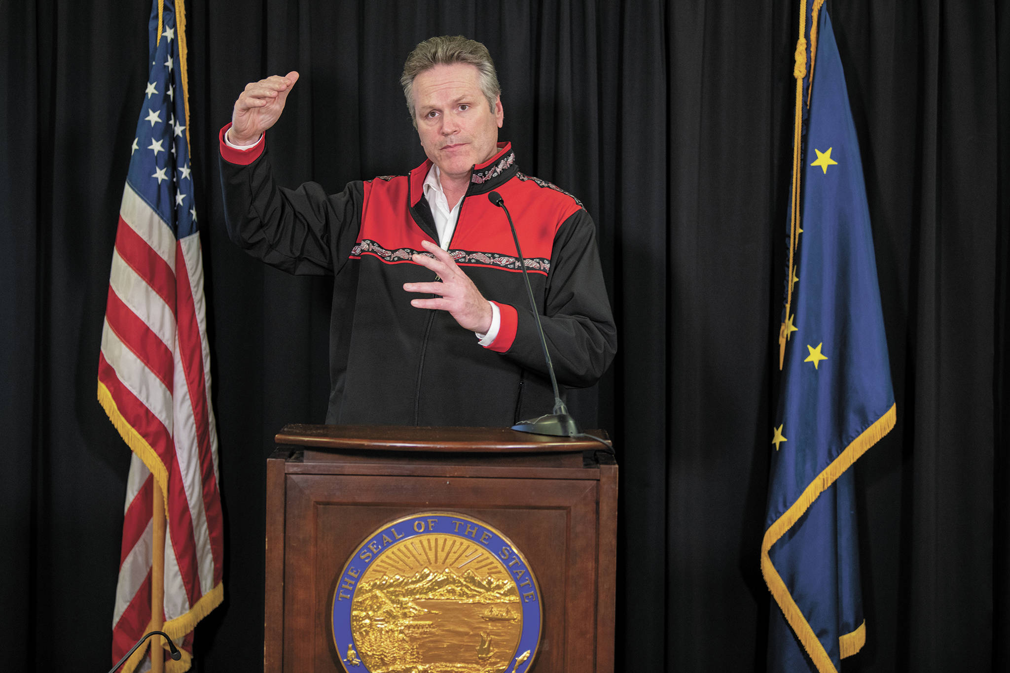 Gov. Mike Dunleavy speaks during a Monday, April 20, 2020 press conference in the Atwood Building in Anchorage, Alaska. (Photo courtesy Office of the Governor)