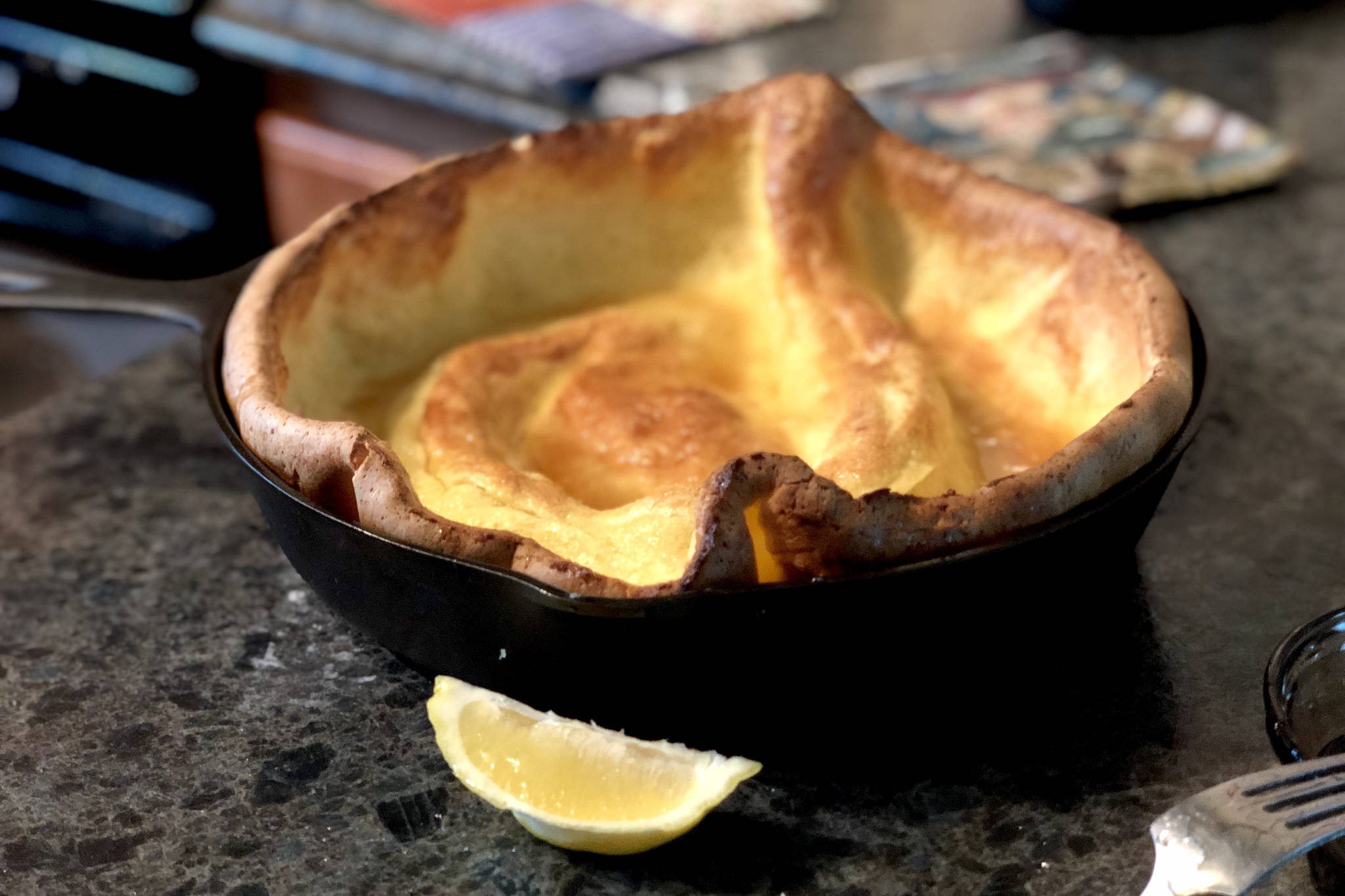 Dutch babies, golden, eggy, puffy pancakes most often baked in a cast-iron skillet, can be paired with sweet or savory ingredients. (Photo by Victoria Petersen/Peninsula Clarion)
Dutch babies, golden, eggy, puffy pancakes most often baked in a cast-iron skillet, can be paired with sweet or savory ingredients. (Photo by Victoria Petersen/Peninsula Clarion)