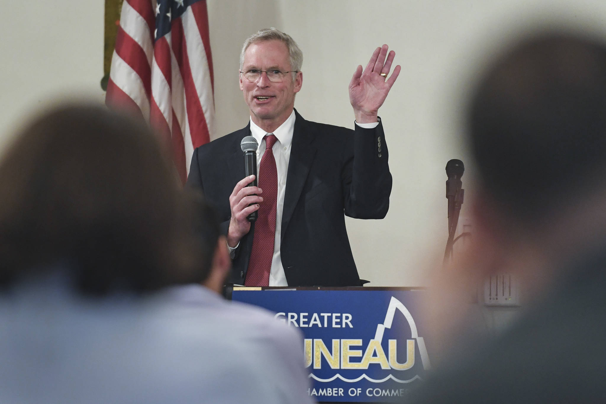 Jim Johnsen, president of the University of Alaska, speaks to the Juneau Chamber of Commerce at the Moose Lodge on Thursday, Nov. 21, 2019. (Michael Penn | Juneau Empire)