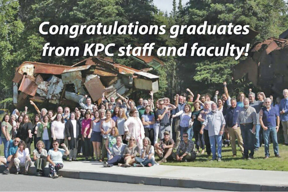 A screenshot from the Kenai Peninsula College graduation ceremony shows an August 2019 photo of Kenai Peninsula College faculty and staff. The May 7, 2020 ceremony was held virtually due to the COVID-19 pandemic. (Screenshot)