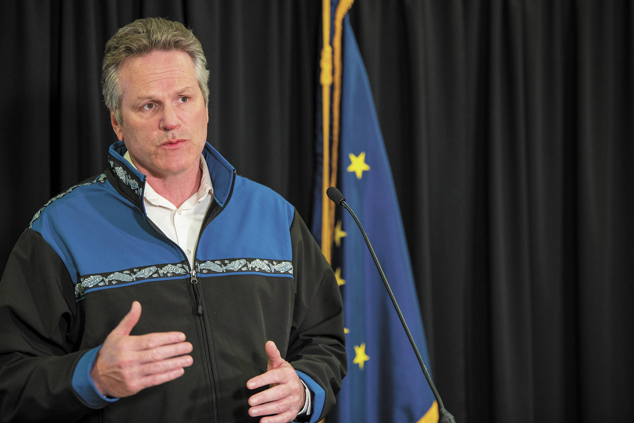 Gov. Mike Dunleavy speaks during a Friday, May 1, 2020 press conference in the Atwood Building in Anchorage, Alaska. (Photo courtesy Office of the Governor)