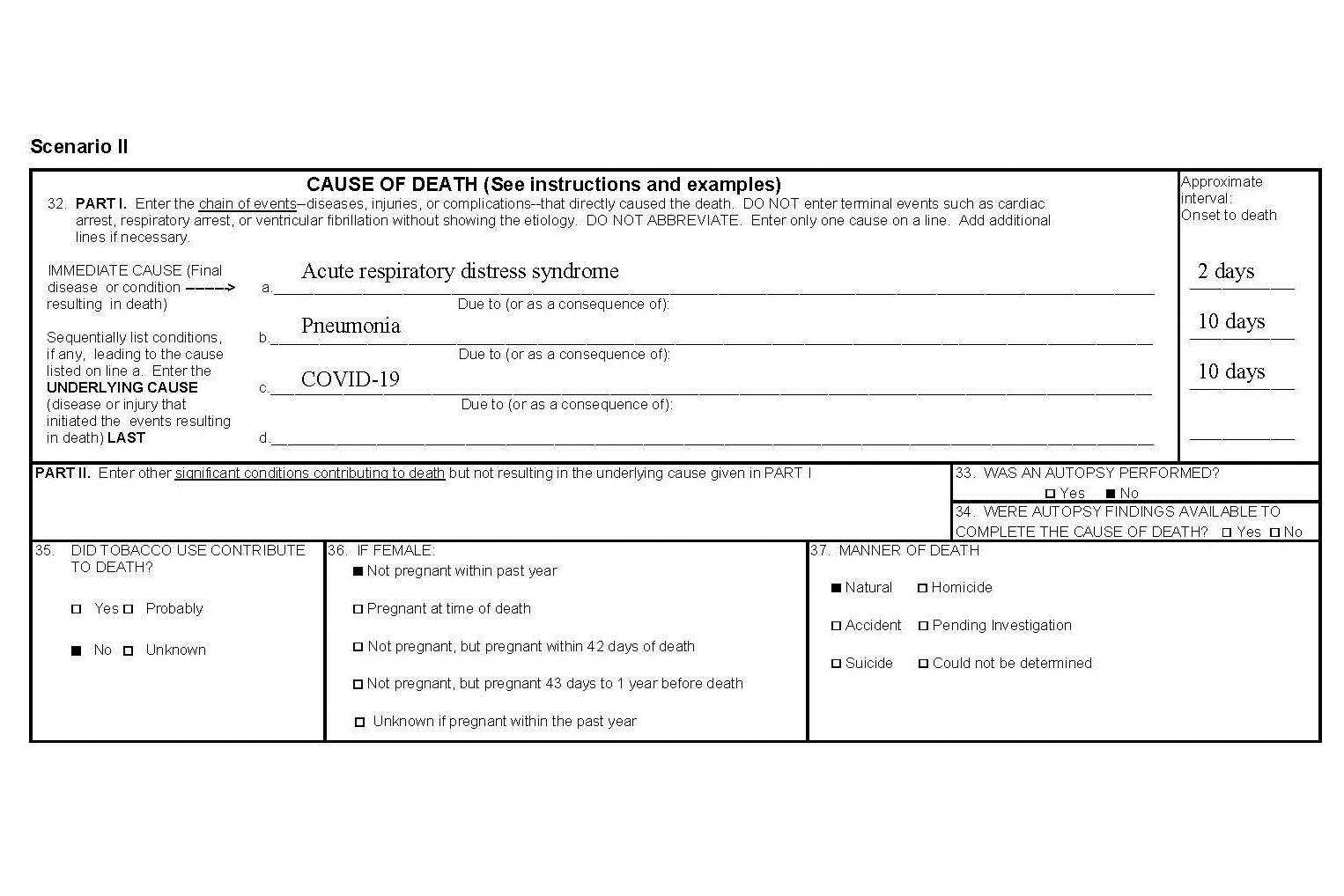 A sample death certificate from “Vital Statistics Reporting Guidance,” an April 2020 report by the Centers for Disease Control on how to record COVID-19 in deaths shows a hypothetical scenario for a woman who died of acute respiratory distress syndrome. (Illustration courtesy CDC)