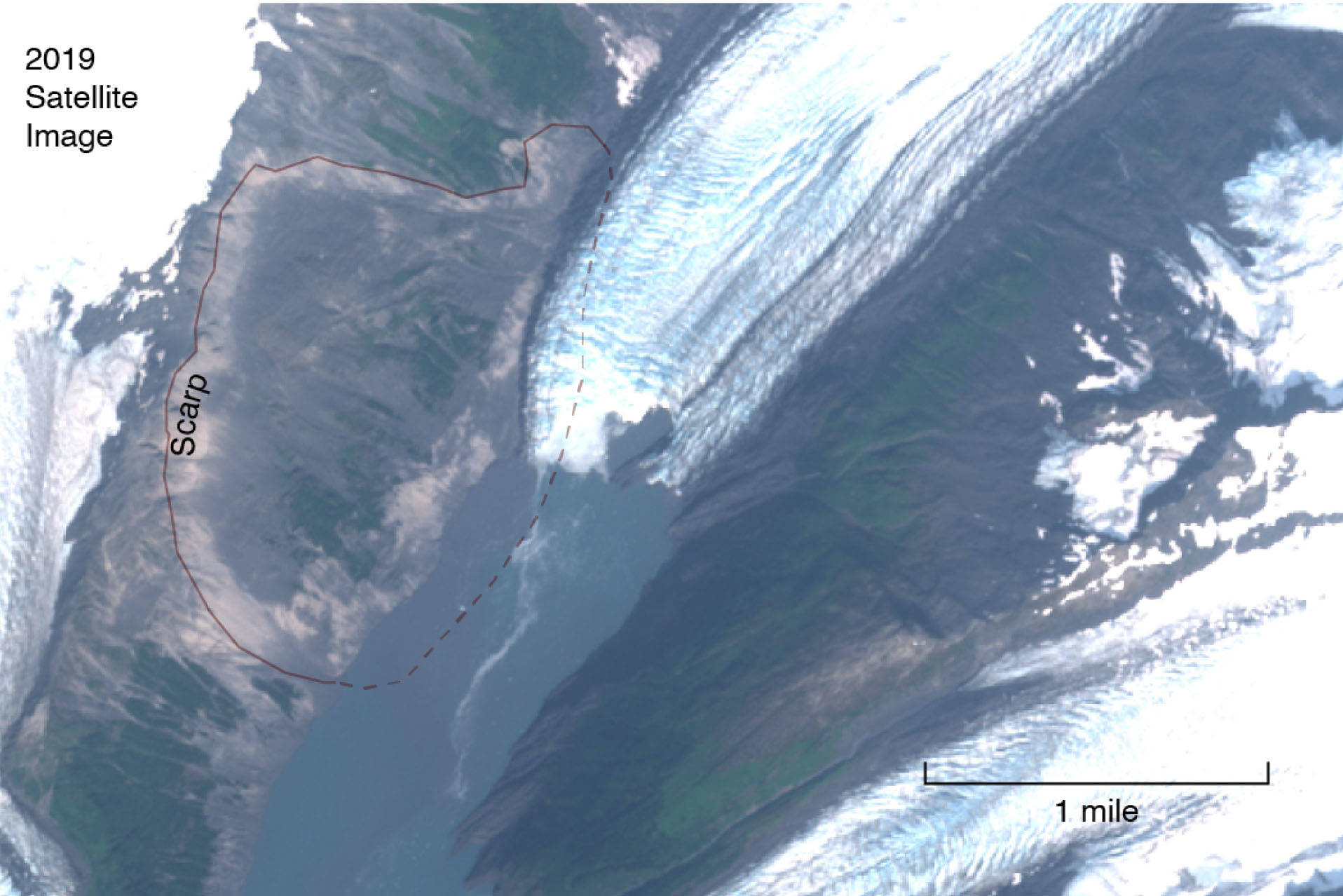 A 2019 satellite image shows a slow-moving landslide along Barry Arm near Prince William Sound, Alaska. (Image via Alaska Department of Natural Resources)