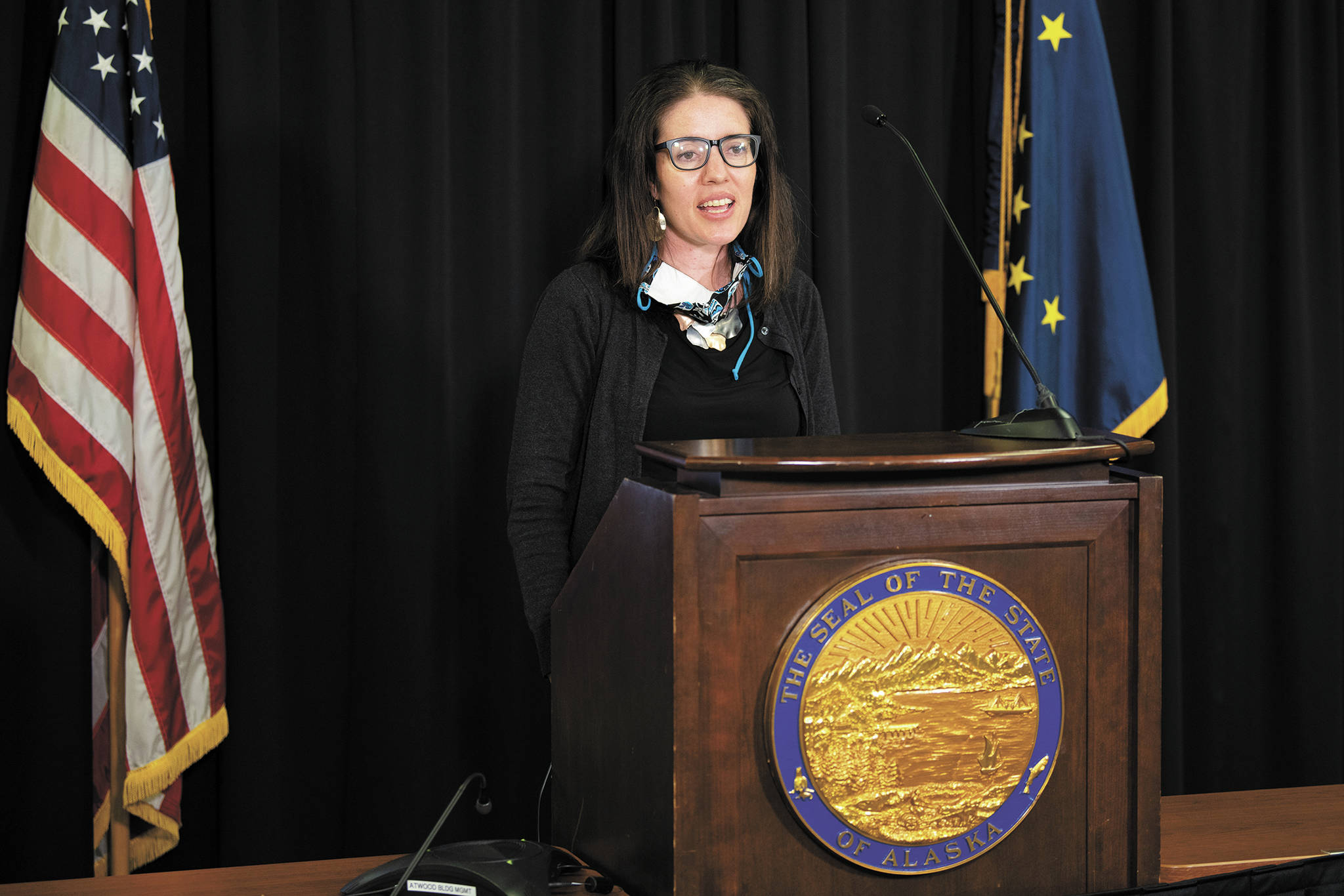 Dr. Anne Zink, Alaska’s chief medical officer, speaks during a May 11, 2020 press conference in the Atwood Building in Anchorage, Alaska. (Photo courtesy Office of the Governor)