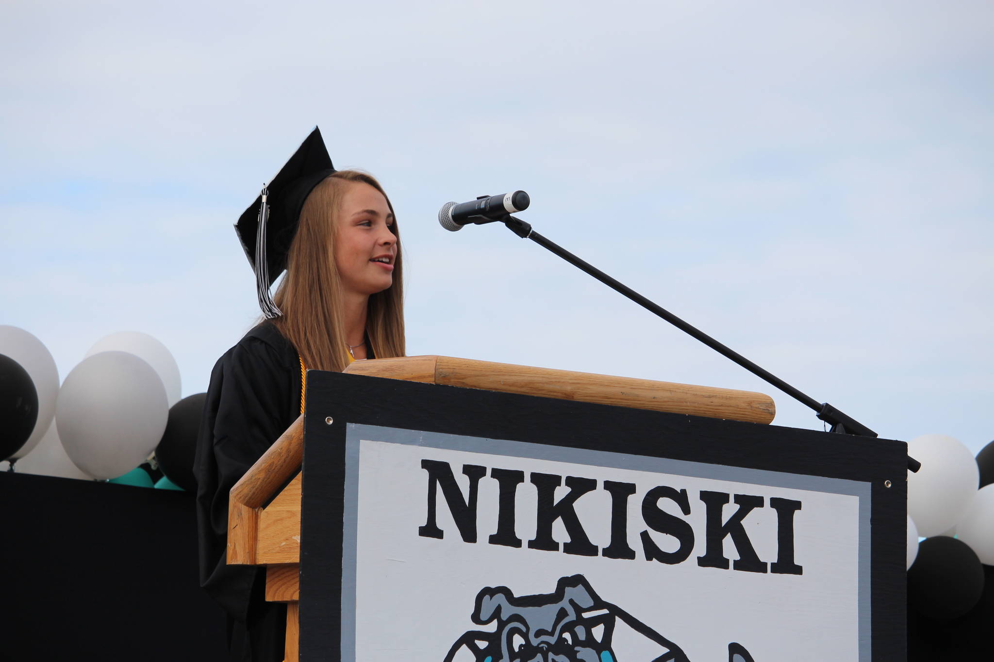 Class valedictorian Kaitlyn Johnson gives a speech during the 2020 Nikiski High School Graduation Commencement Ceremony in Nikiski, Alaska on May 19, 2020. (Photo by Brian Mazurek/Peninsula Clarion)