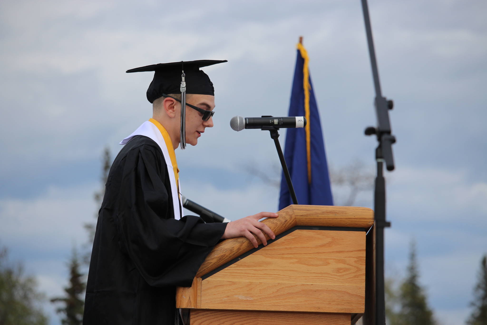 Class valedictorian Joseph Yourkoski gives a speech during the 2020 Nikiski High School Graduation Commencement Ceremony in Nikiski, Alaska on May 19, 2020. (Photo by Brian Mazurek/Peninsula Clarion)