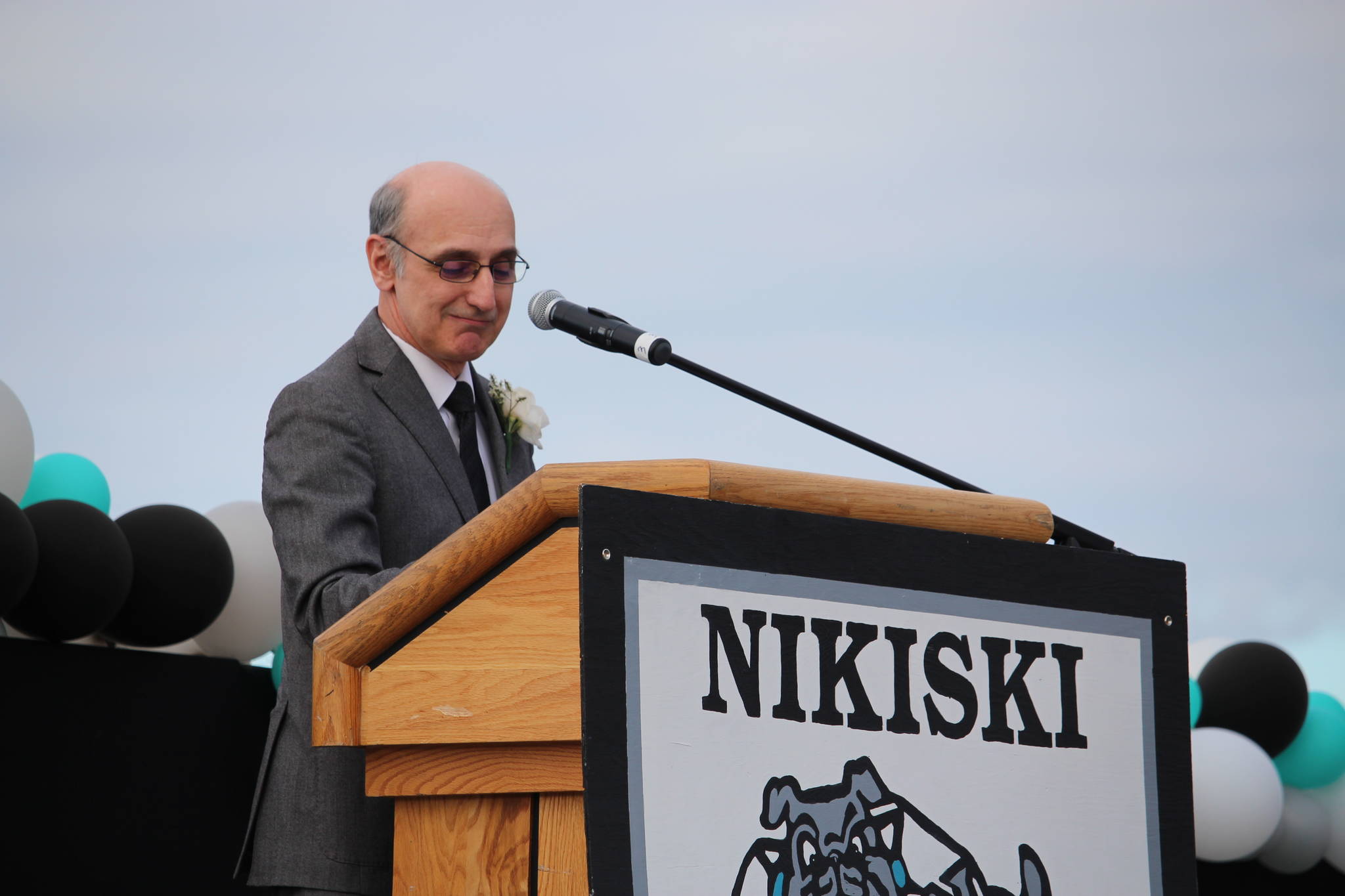 Retiring teacher Joe Rizzo gives the commencement speech during the 2020 Nikiski High School Graduation Commencement Ceremony in Nikiski, Alaska on May 19, 2020. (Photo by Brian Mazurek/Peninsula Clarion)