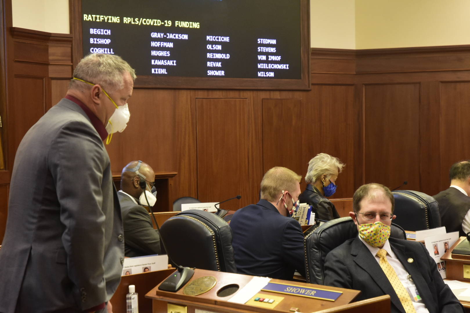 Peter Segall | Juneau Empire                                Sen. Mike Shower, R-Wasilla, speaks about ratifying Gov. Mike Dunleavy’s appropriations of federal funds on Tuesday, May 19, 2020. (Peter Segall | Juneau Empire)